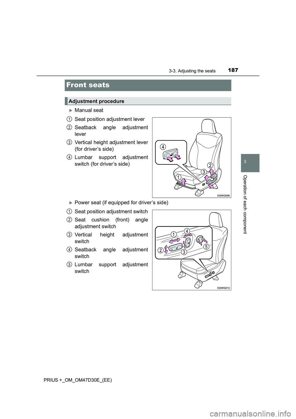 TOYOTA PRIUS PLUS 2019  Owners Manual 187
3
3-3. Adjusting the seats
Operation of each component
PRIUS +_OM_OM47D30E_(EE)
Front seats
Manual seat 
Seat position adjustment lever 
Seatback angle adjustment 
lever 
Vertical height adjust