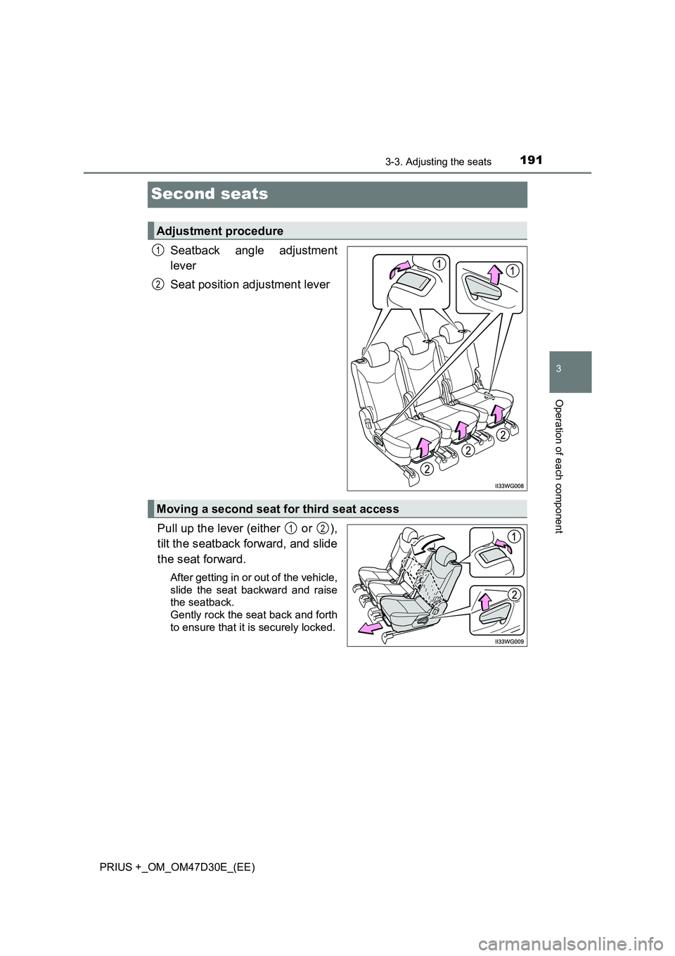 TOYOTA PRIUS PLUS 2019  Owners Manual 191
3
3-3. Adjusting the seats
Operation of each component
PRIUS +_OM_OM47D30E_(EE)
Second seats
Seatback angle adjustment
lever
Seat position adjustment lever
Pull up the lever (either   or  ),
tilt 