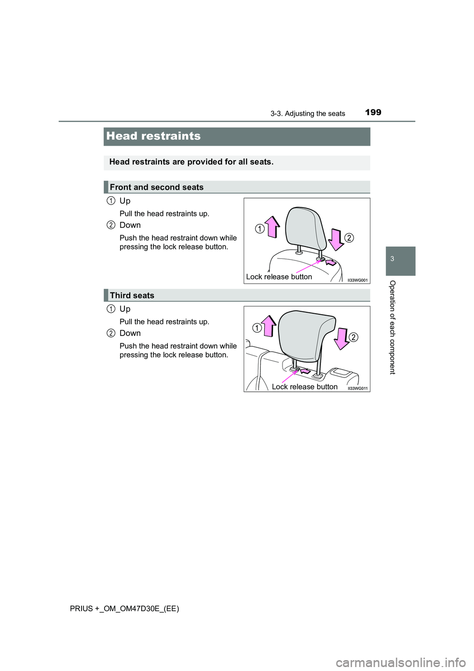 TOYOTA PRIUS PLUS 2019  Owners Manual 199
3
3-3. Adjusting the seats
Operation of each component
PRIUS +_OM_OM47D30E_(EE)
Head restraints
Up
Pull the head restraints up.
Down
Push the head restraint down while 
pressing the lock release b