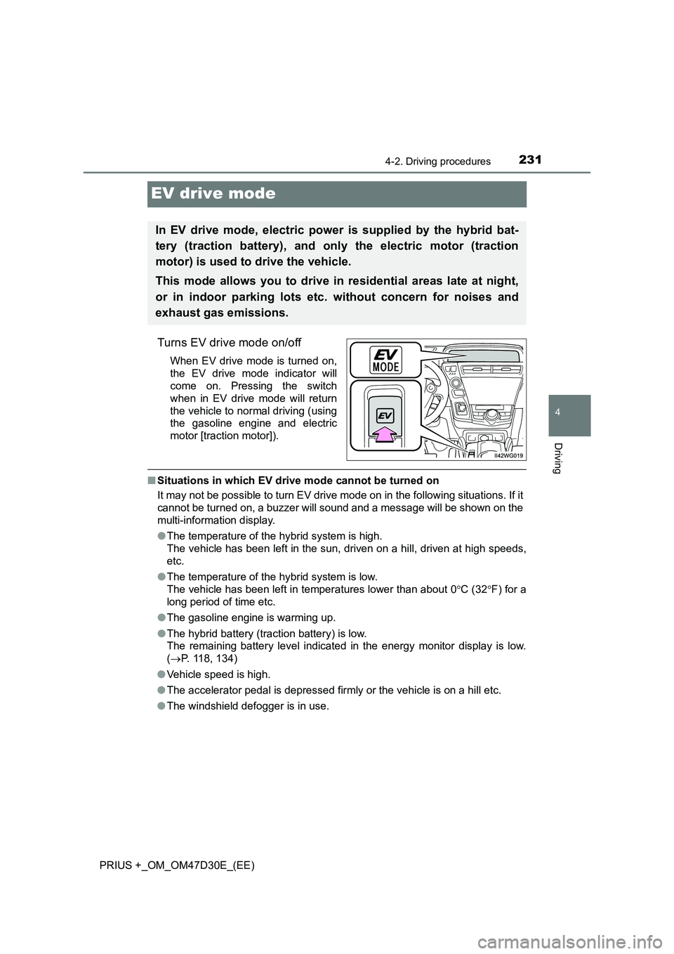 TOYOTA PRIUS PLUS 2019 Owners Manual 231
4
4-2. Driving procedures
Driving
PRIUS +_OM_OM47D30E_(EE)
EV drive mode
Turns EV drive mode on/off
When EV drive mode is turned on,
the EV drive mode indicator will
come on. Pressing the switch
w TOYOTA PRIUS PLUS 2019 Owners Manual 231
4
4-2. Driving procedures
Driving
PRIUS +_OM_OM47D30E_(EE)
EV drive mode
Turns EV drive mode on/off
When EV drive mode is turned on,
the EV drive mode indicator will
come on. Pressing the switch
w