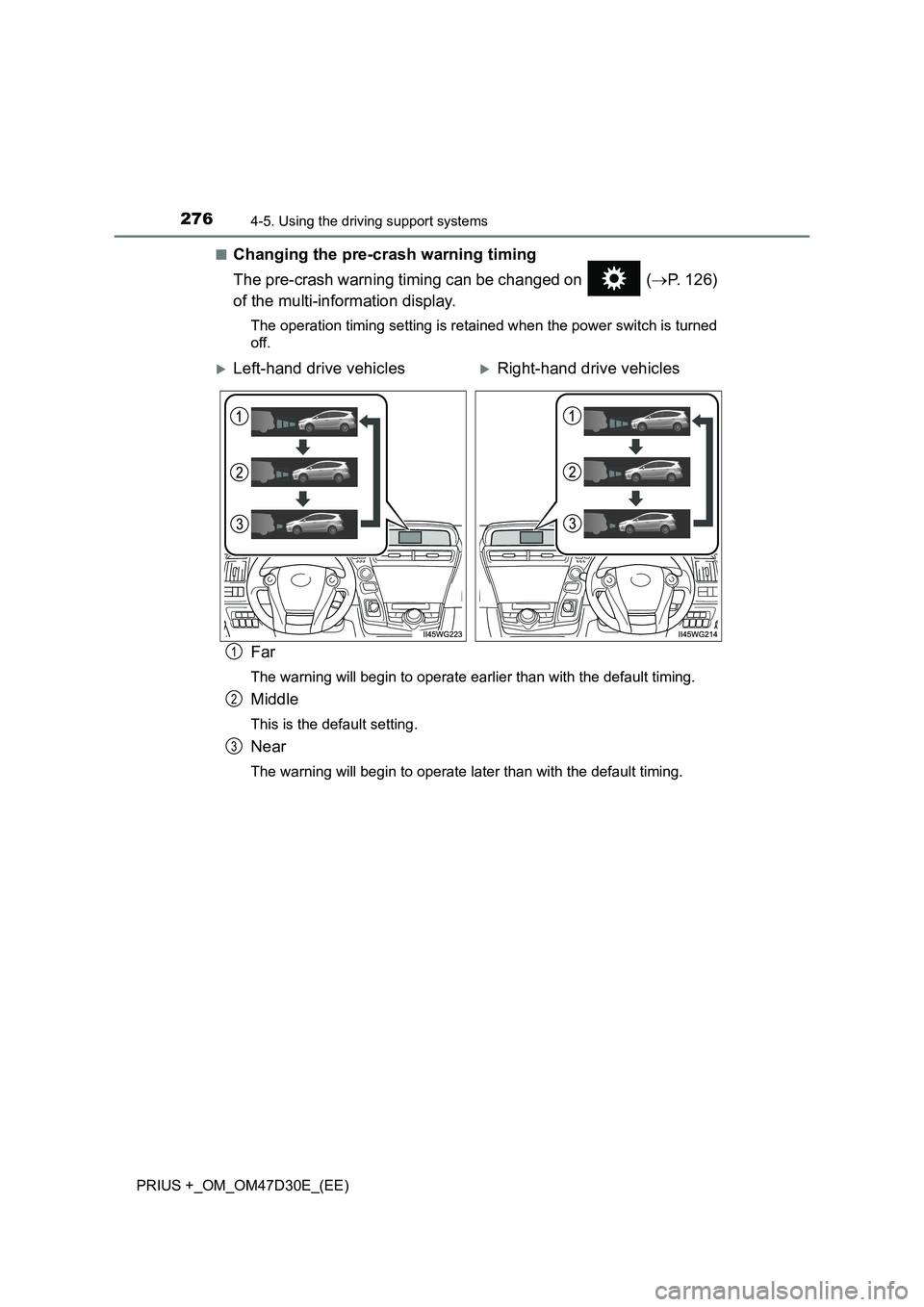 TOYOTA PRIUS PLUS 2019  Owners Manual 2764-5. Using the driving support systems
PRIUS +_OM_OM47D30E_(EE)■
Changing the pre-crash warning timing
The pre-crash warning timing can be changed on   (P. 126)
of the multi-information displa