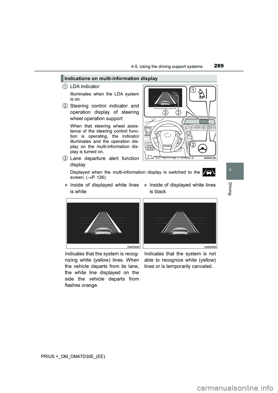 TOYOTA PRIUS PLUS 2019  Owners Manual 2894-5. Using the driving support systems
4
Driving
PRIUS +_OM_OM47D30E_(EE)
LDA indicator
Illuminates when the LDA system
is on.
Steering control indicator and
operation display of steering
wheel ope