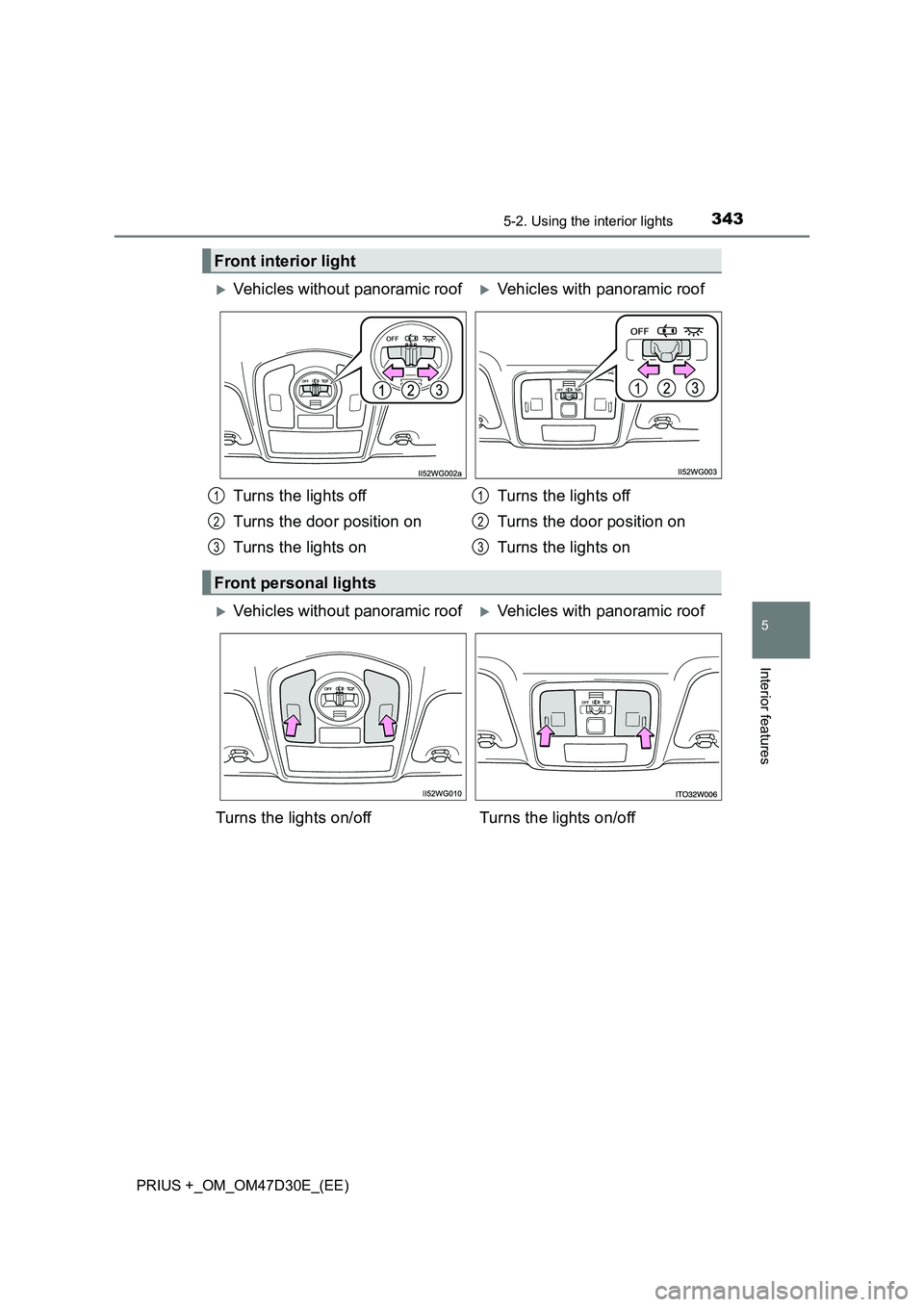 TOYOTA PRIUS PLUS 2019  Owners Manual 3435-2. Using the interior lights
PRIUS +_OM_OM47D30E_(EE)
5
Interior features
Front interior light
Vehicles without panoramic roofVehicles with panoramic roof
Turns the lights off
Turns the doo