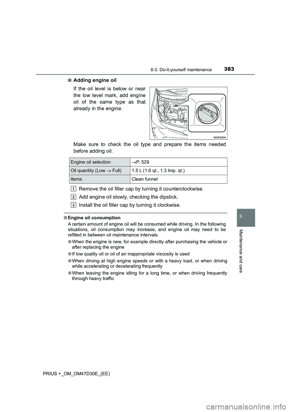 TOYOTA PRIUS PLUS 2019  Owners Manual 3836-3. Do-it-yourself maintenance
PRIUS +_OM_OM47D30E_(EE)
6
Maintenance and care
■Adding engine oil
If the oil level is below or near
the low level mark, add engine
oil of the same type as that
al