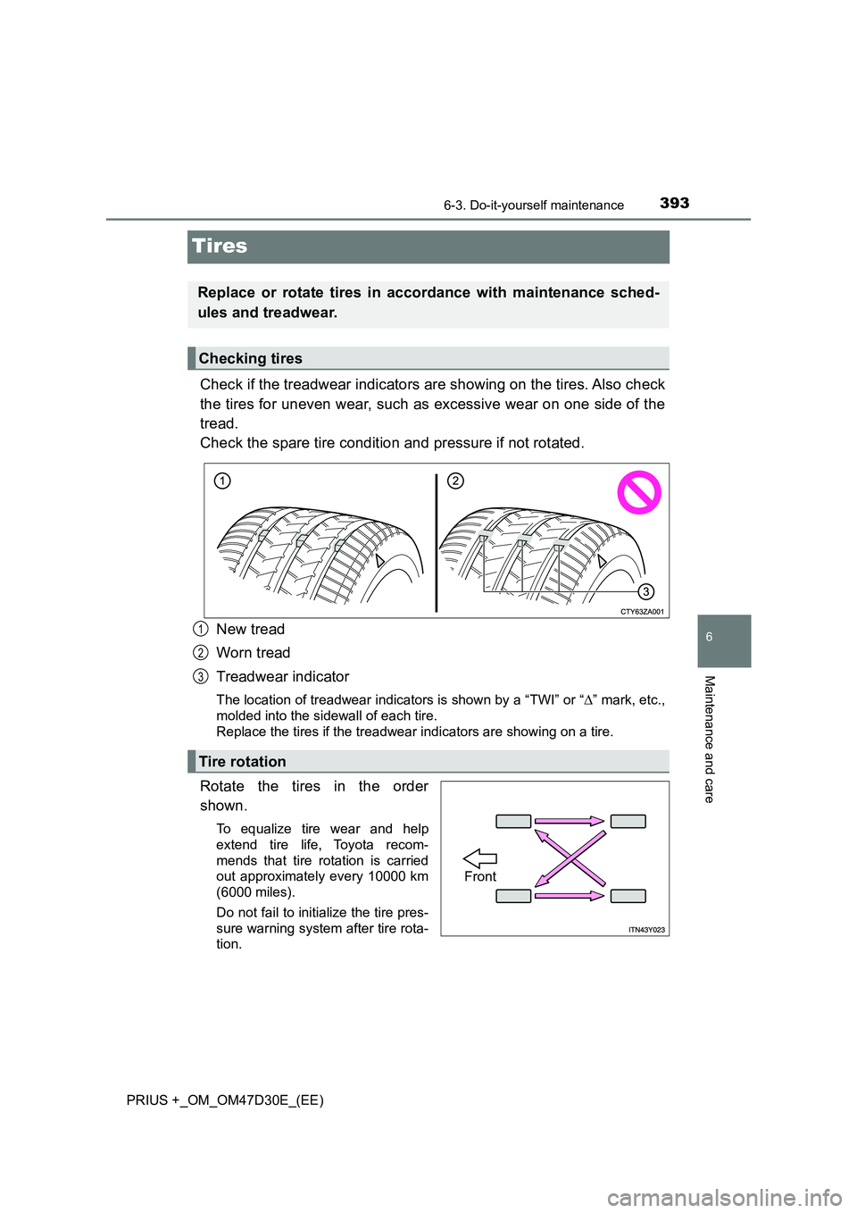 TOYOTA PRIUS PLUS 2019  Owners Manual 3936-3. Do-it-yourself maintenance
PRIUS +_OM_OM47D30E_(EE)
6
Maintenance and care
Tires
Check if the treadwear indicators are showing on the tires. Also check
the tires for uneven wear, such as exces