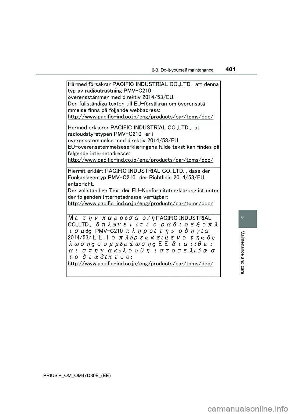 TOYOTA PRIUS PLUS 2019  Owners Manual 4016-3. Do-it-yourself maintenance
PRIUS +_OM_OM47D30E_(EE)
6
Maintenance and care 