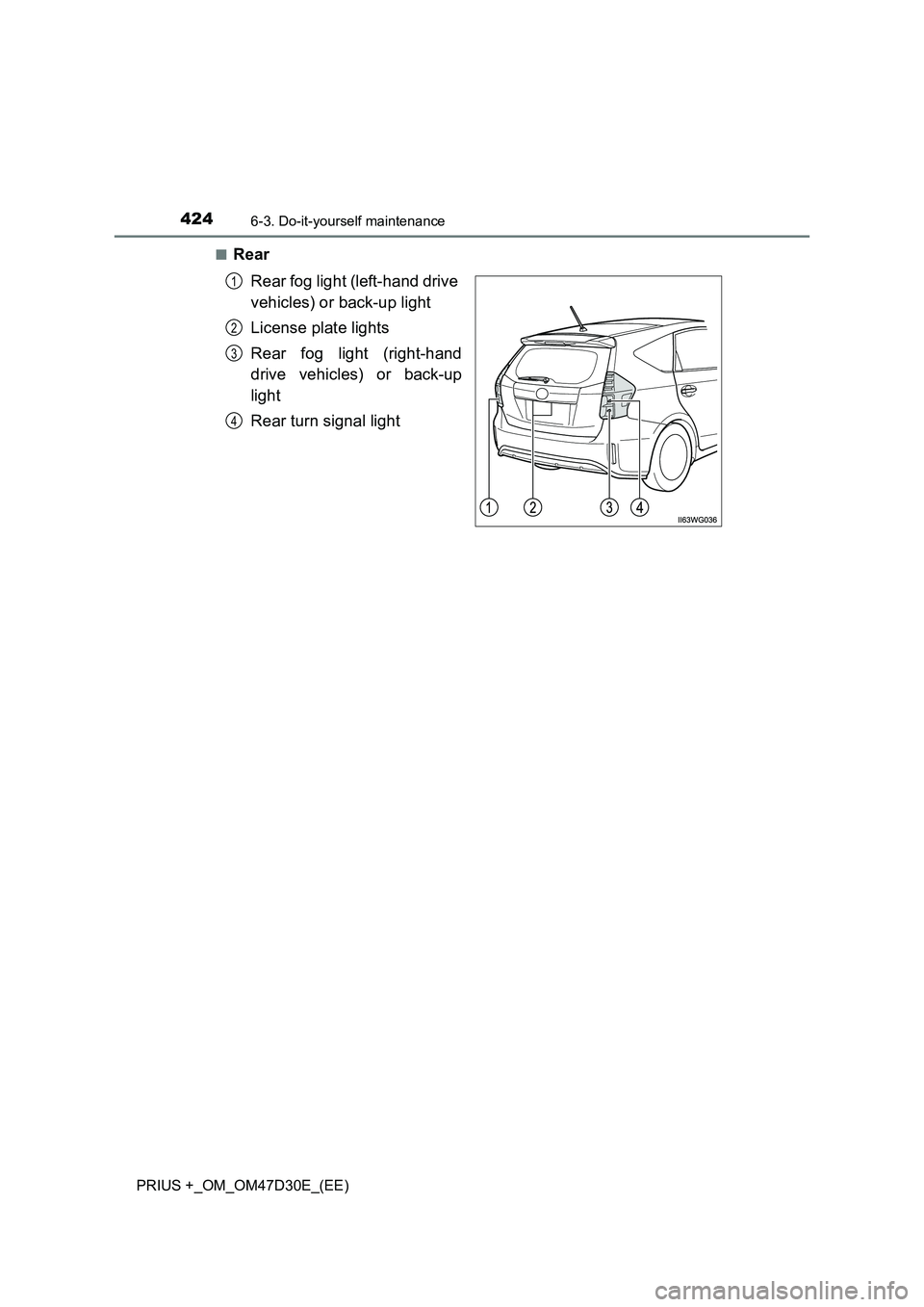 TOYOTA PRIUS PLUS 2019  Owners Manual 4246-3. Do-it-yourself maintenance
PRIUS +_OM_OM47D30E_(EE)■
Rear
Rear fog light (left-hand drive 
vehicles) or back-up light
License plate lights
Rear fog light (right-hand
drive vehicles) or back-