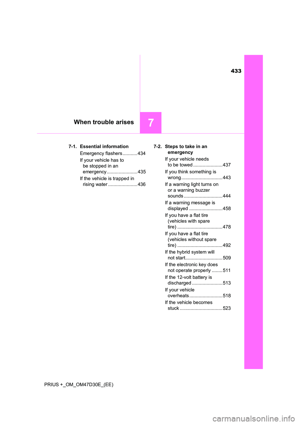 TOYOTA PRIUS PLUS 2019  Owners Manual 433
7When trouble arises
PRIUS +_OM_OM47D30E_(EE) 
7-1. Essential information 
Emergency flashers ........... 434 
If your vehicle has to  
be stopped in an 
emergency ....................... 435 
If 