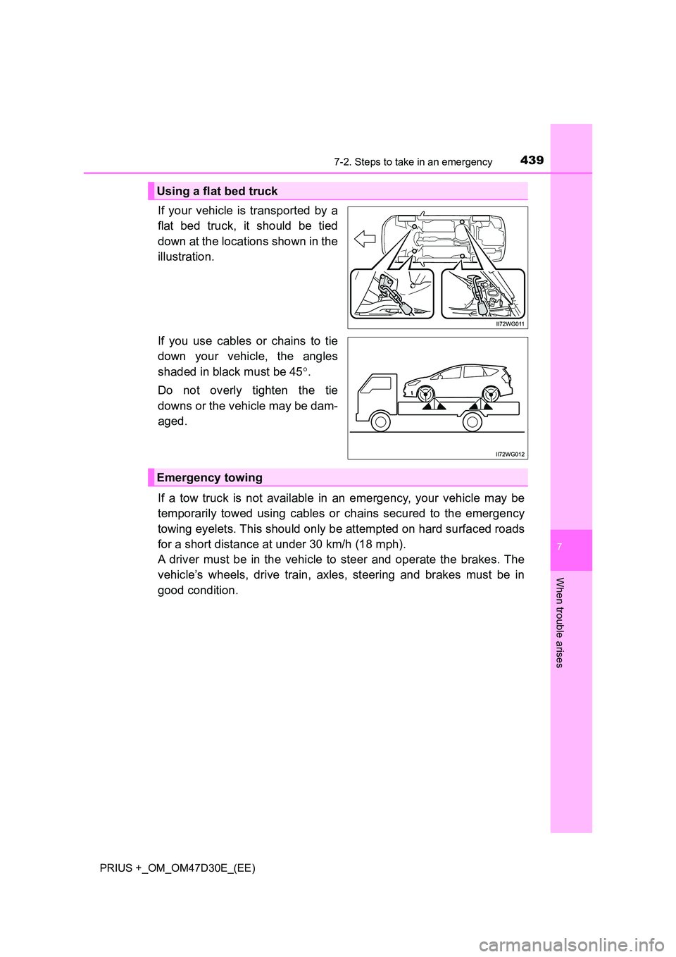 TOYOTA PRIUS PLUS 2019  Owners Manual 4397-2. Steps to take in an emergency
PRIUS +_OM_OM47D30E_(EE)
7
When trouble arises
If your vehicle is transported by a 
flat bed truck, it should be tied 
down at the locations shown in the 
illustr