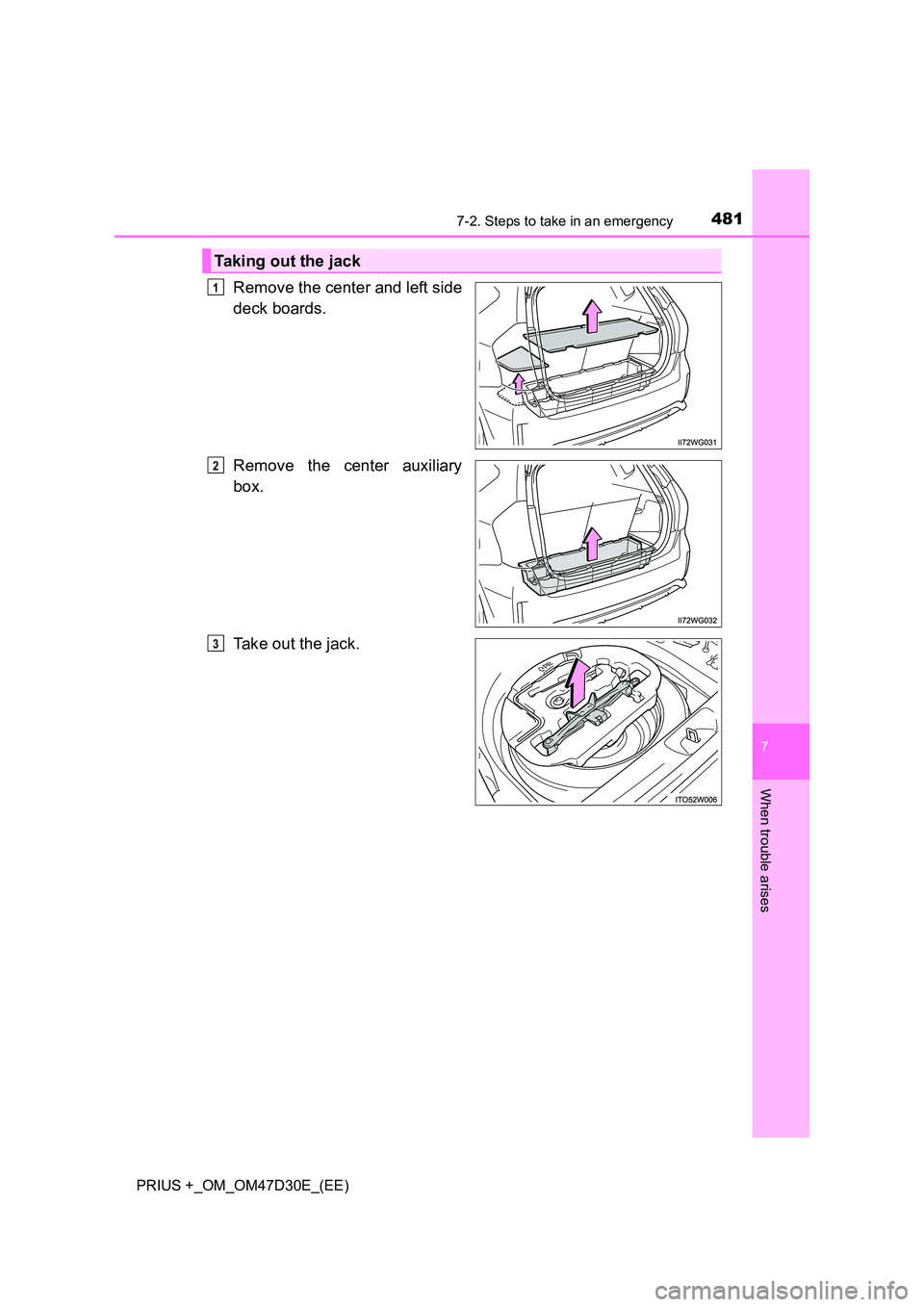 TOYOTA PRIUS PLUS 2019  Owners Manual 4817-2. Steps to take in an emergency
PRIUS +_OM_OM47D30E_(EE)
7
When trouble arises
Remove the center and left side 
deck boards. 
Remove the center auxiliary 
box. 
Take out the jack.
Taking out the