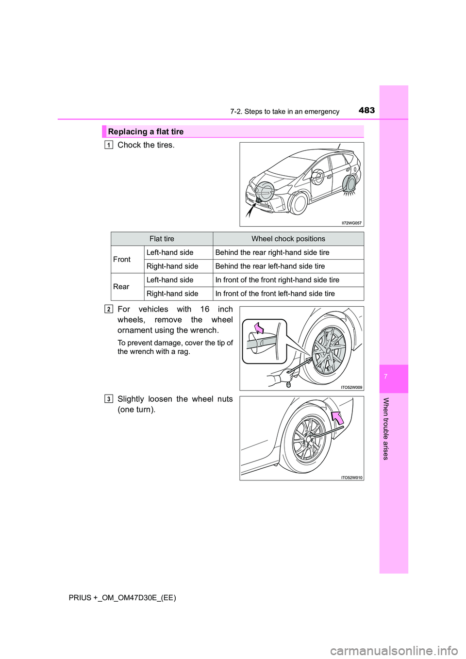 TOYOTA PRIUS PLUS 2019  Owners Manual 4837-2. Steps to take in an emergency
PRIUS +_OM_OM47D30E_(EE)
7
When trouble arises
Chock the tires. 
For vehicles with 16 inch 
wheels, remove the wheel 
ornament using the wrench.
To prevent damage