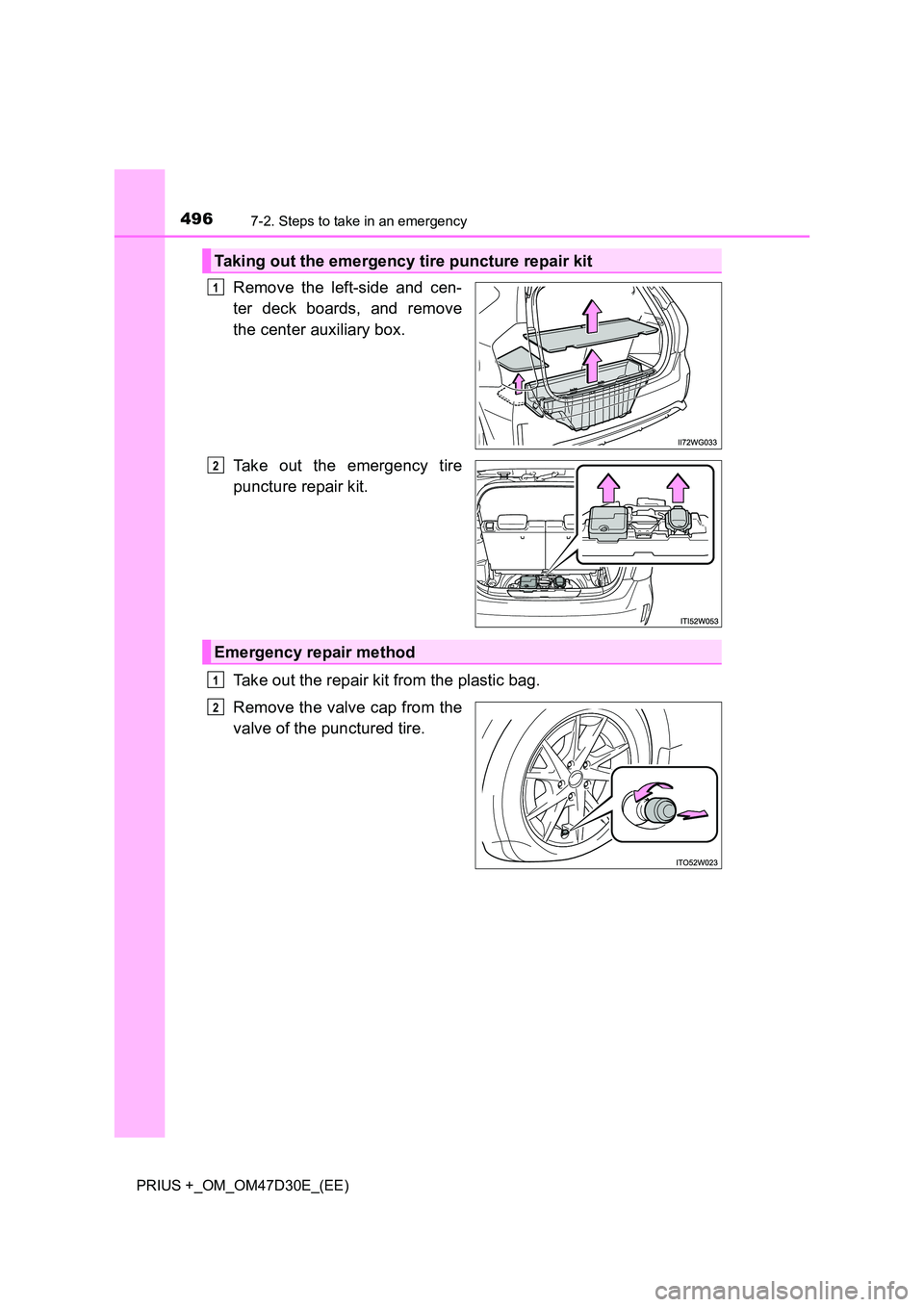 TOYOTA PRIUS PLUS 2019  Owners Manual 4967-2. Steps to take in an emergency
PRIUS +_OM_OM47D30E_(EE)
Remove the left-side and cen- 
ter deck boards, and remove 
the center auxiliary box. 
Take out the emergency tire 
puncture repair kit. 