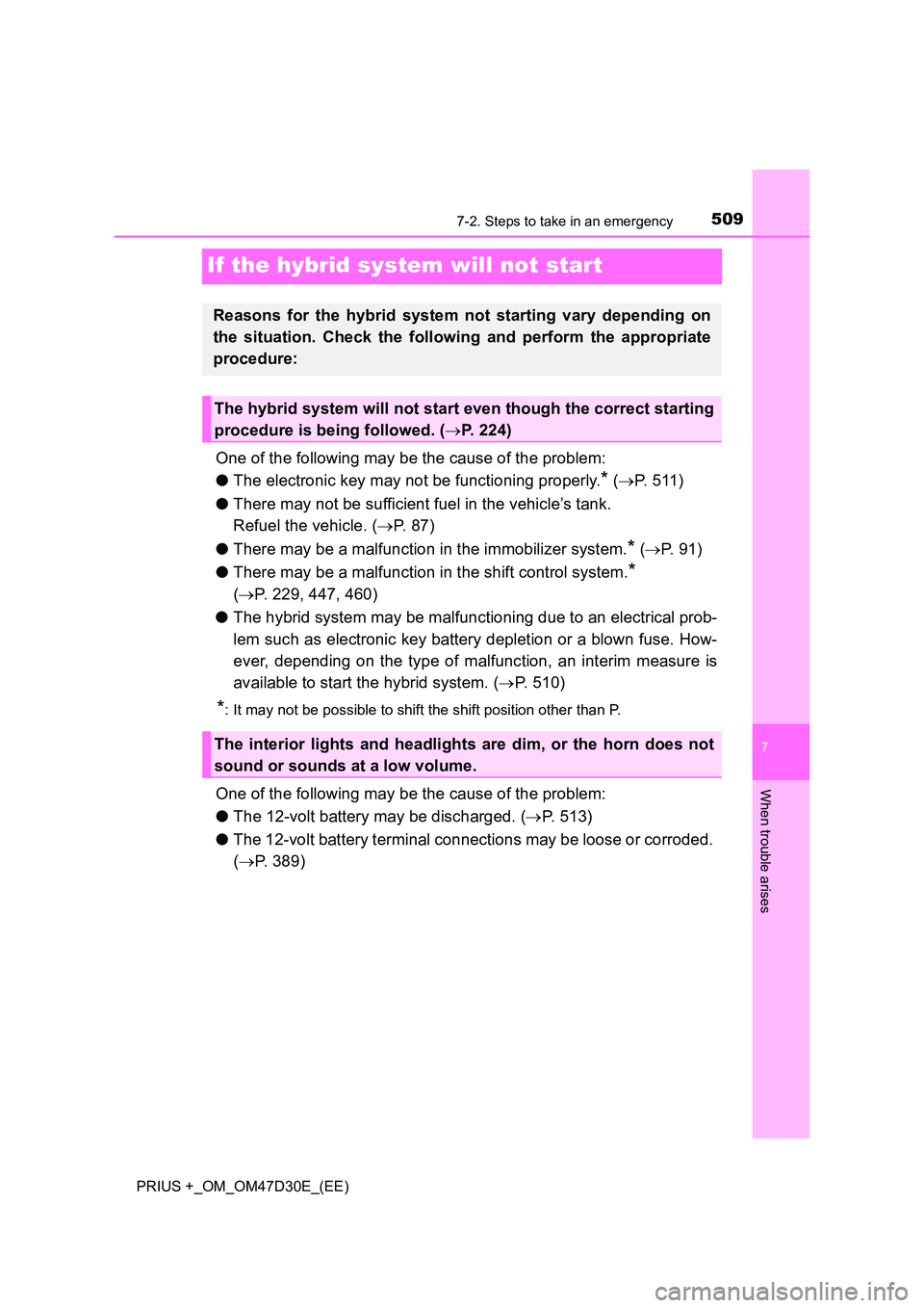 TOYOTA PRIUS PLUS 2019 Owners Manual 5097-2. Steps to take in an emergency
PRIUS +_OM_OM47D30E_(EE)
7
When trouble arises
If the hybrid system will not start
One of the following may be the cause of the problem:
● The electronic key m TOYOTA PRIUS PLUS 2019 Owners Manual 5097-2. Steps to take in an emergency
PRIUS +_OM_OM47D30E_(EE)
7
When trouble arises
If the hybrid system will not start
One of the following may be the cause of the problem:
● The electronic key m