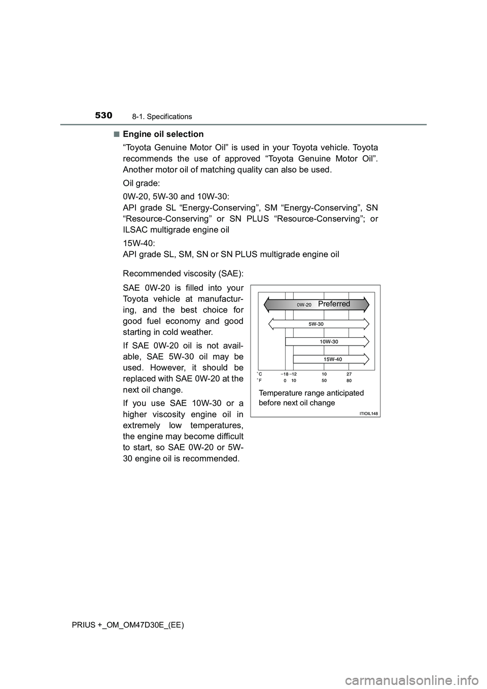 TOYOTA PRIUS PLUS 2019 Owners Manual 5308-1. Specifications
PRIUS +_OM_OM47D30E_(EE)■
Engine oil selection
“Toyota Genuine Motor Oil” is used in your Toyota vehicle. Toyota
recommends the use of approved “Toyota Genuine Motor Oil TOYOTA PRIUS PLUS 2019 Owners Manual 5308-1. Specifications
PRIUS +_OM_OM47D30E_(EE)■
Engine oil selection
“Toyota Genuine Motor Oil” is used in your Toyota vehicle. Toyota
recommends the use of approved “Toyota Genuine Motor Oil