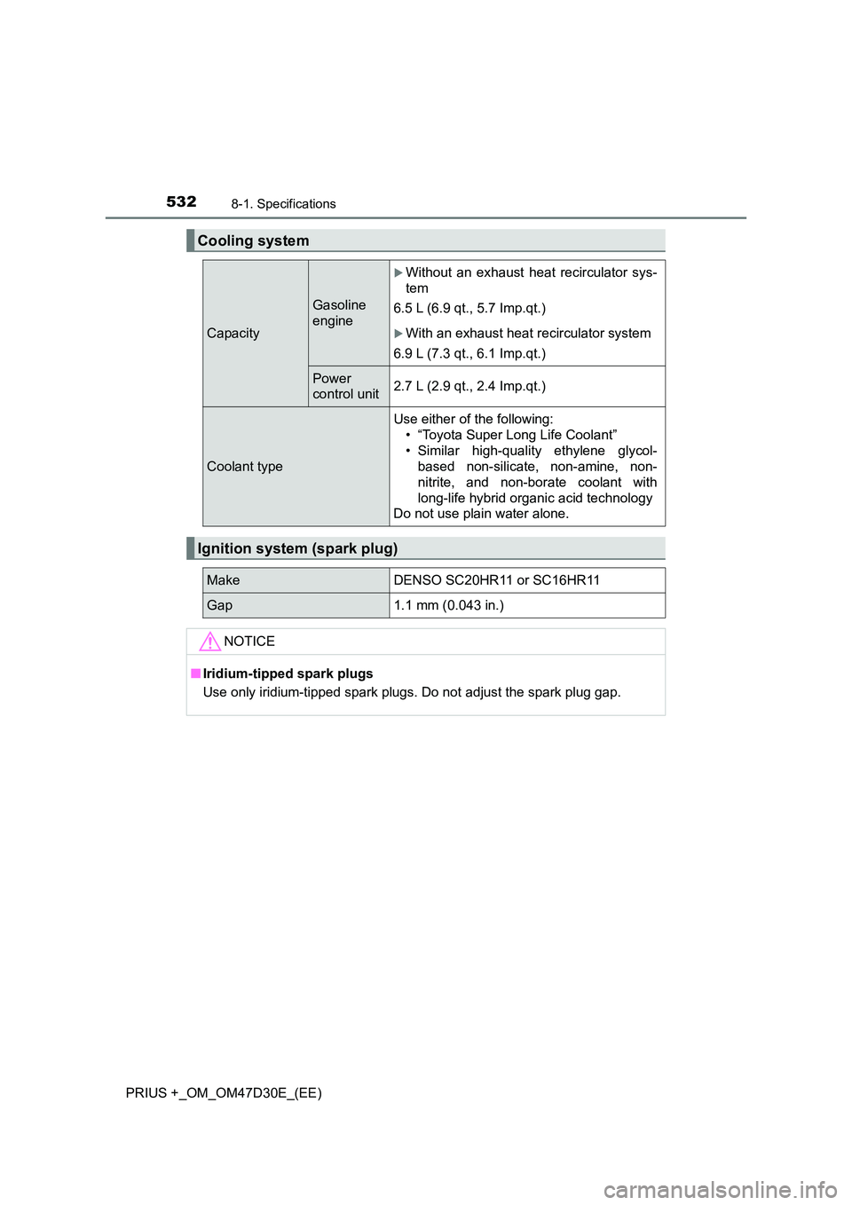 TOYOTA PRIUS PLUS 2019 Owners Manual 5328-1. Specifications
PRIUS +_OM_OM47D30E_(EE)
Cooling system
Capacity
Gasoline
engine
Without an exhaust heat recirculator sys-
tem
6.5 L (6.9 qt., 5.7 Imp.qt.)
With an exhaust heat recircu TOYOTA PRIUS PLUS 2019 Owners Manual 5328-1. Specifications
PRIUS +_OM_OM47D30E_(EE)
Cooling system
Capacity
Gasoline
engine
Without an exhaust heat recirculator sys-
tem
6.5 L (6.9 qt., 5.7 Imp.qt.)
With an exhaust heat recircu