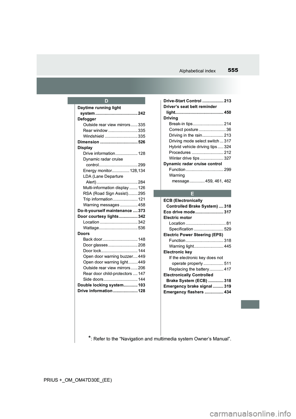 TOYOTA PRIUS PLUS 2019 Owners Manual 555Alphabetical index
PRIUS +_OM_OM47D30E_(EE)
Daytime running light
system .................................... 242
Defogger
Outside rear view mirrors ...... 335
Rear window ........................ TOYOTA PRIUS PLUS 2019 Owners Manual 555Alphabetical index
PRIUS +_OM_OM47D30E_(EE)
Daytime running light
system .................................... 242
Defogger
Outside rear view mirrors ...... 335
Rear window ........................