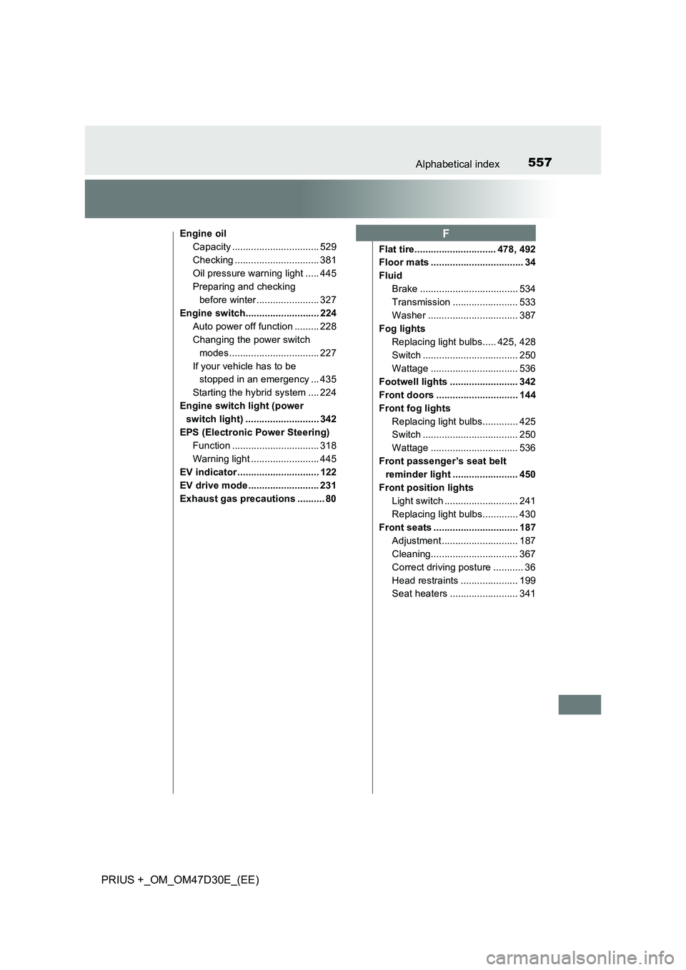 TOYOTA PRIUS PLUS 2019 Owners Manual 557Alphabetical index
PRIUS +_OM_OM47D30E_(EE)
Engine oil
Capacity ................................ 529
Checking ............................... 381
Oil pressure warning light ..... 445
Preparing and TOYOTA PRIUS PLUS 2019 Owners Manual 557Alphabetical index
PRIUS +_OM_OM47D30E_(EE)
Engine oil
Capacity ................................ 529
Checking ............................... 381
Oil pressure warning light ..... 445
Preparing and