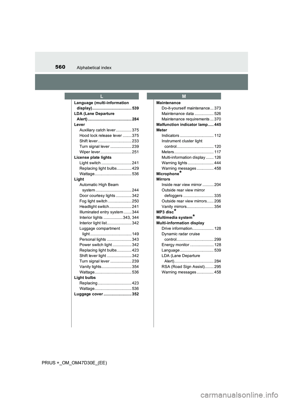 TOYOTA PRIUS PLUS 2019 Owners Manual 560Alphabetical index
PRIUS +_OM_OM47D30E_(EE)
Language (multi-information
display) ................................... 539
LDA (Lane Departure
Alert) ....................................... 284
Lev TOYOTA PRIUS PLUS 2019 Owners Manual 560Alphabetical index
PRIUS +_OM_OM47D30E_(EE)
Language (multi-information
display) ................................... 539
LDA (Lane Departure
Alert) ....................................... 284
Lev