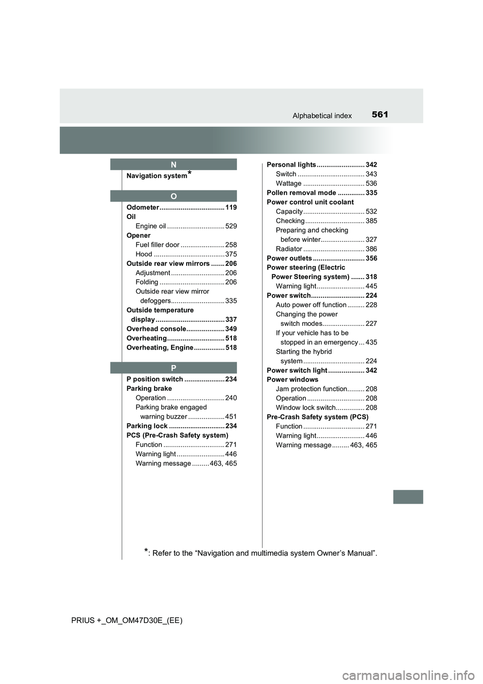 TOYOTA PRIUS PLUS 2019 Owners Manual 561Alphabetical index
PRIUS +_OM_OM47D30E_(EE)
Navigation system*
Odometer .................................. 119
Oil
Engine oil .............................. 529
Opener
Fuel filler door ............ TOYOTA PRIUS PLUS 2019 Owners Manual 561Alphabetical index
PRIUS +_OM_OM47D30E_(EE)
Navigation system*
Odometer .................................. 119
Oil
Engine oil .............................. 529
Opener
Fuel filler door ............