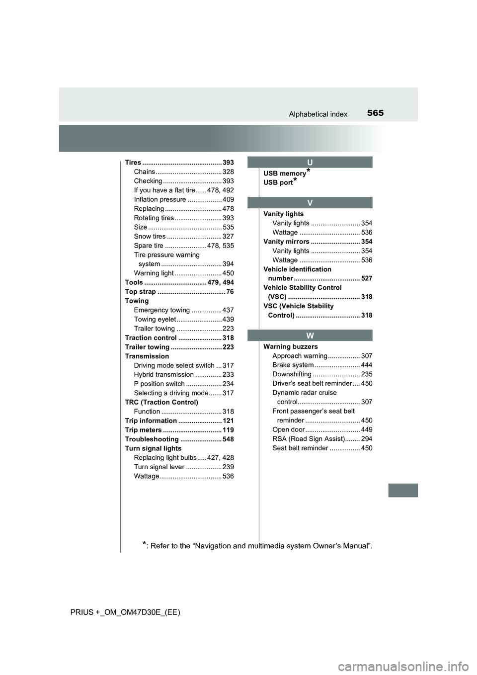 TOYOTA PRIUS PLUS 2019 Owners Manual 565Alphabetical index
PRIUS +_OM_OM47D30E_(EE)
Tires .......................................... 393
Chains ................................... 328
Checking ............................... 393
If you h TOYOTA PRIUS PLUS 2019 Owners Manual 565Alphabetical index
PRIUS +_OM_OM47D30E_(EE)
Tires .......................................... 393
Chains ................................... 328
Checking ............................... 393
If you h
