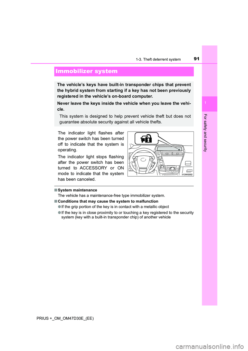 TOYOTA PRIUS PLUS 2019 Owners Manual 91
1
1-3. Theft deterrent system
PRIUS +_OM_OM47D30E_(EE)
For safety and security
Immobilizer system
The indicator light flashes after
the power switch has been turned
off to indicate that the syste TOYOTA PRIUS PLUS 2019 Owners Manual 91
1
1-3. Theft deterrent system
PRIUS +_OM_OM47D30E_(EE)
For safety and security
Immobilizer system
The indicator light flashes after
the power switch has been turned
off to indicate that the syste
