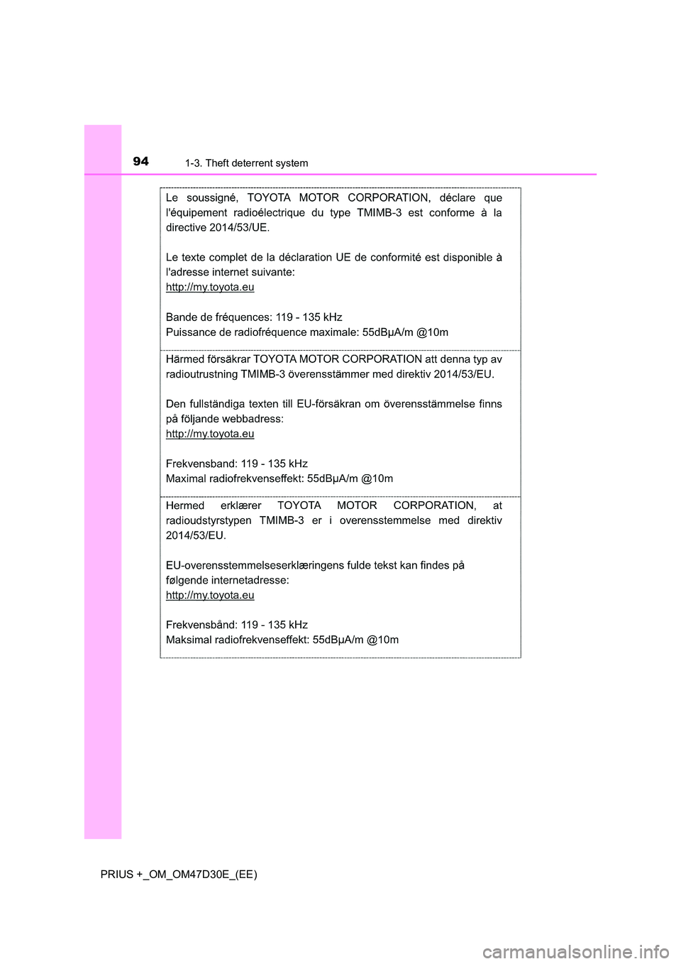 TOYOTA PRIUS PLUS 2019 Owners Manual 941-3. Theft deterrent system
PRIUS +_OM_OM47D30E_(EE) TOYOTA PRIUS PLUS 2019 Owners Manual 941-3. Theft deterrent system
PRIUS +_OM_OM47D30E_(EE)