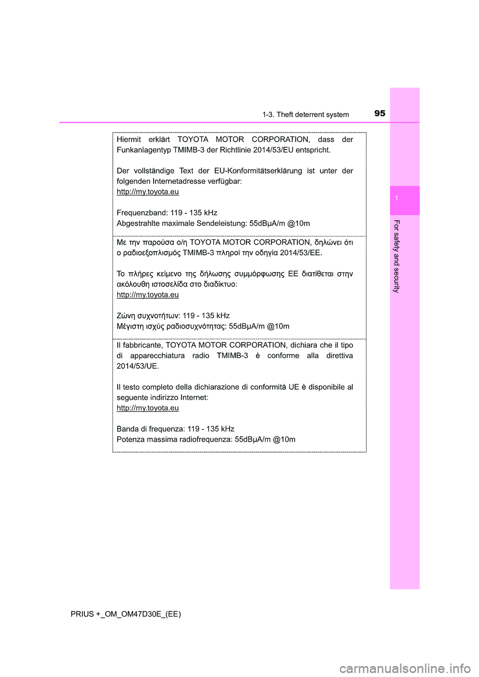 TOYOTA PRIUS PLUS 2019 Owners Manual 951-3. Theft deterrent system
1
PRIUS +_OM_OM47D30E_(EE)
For safety and security TOYOTA PRIUS PLUS 2019 Owners Manual 951-3. Theft deterrent system
1
PRIUS +_OM_OM47D30E_(EE)
For safety and security