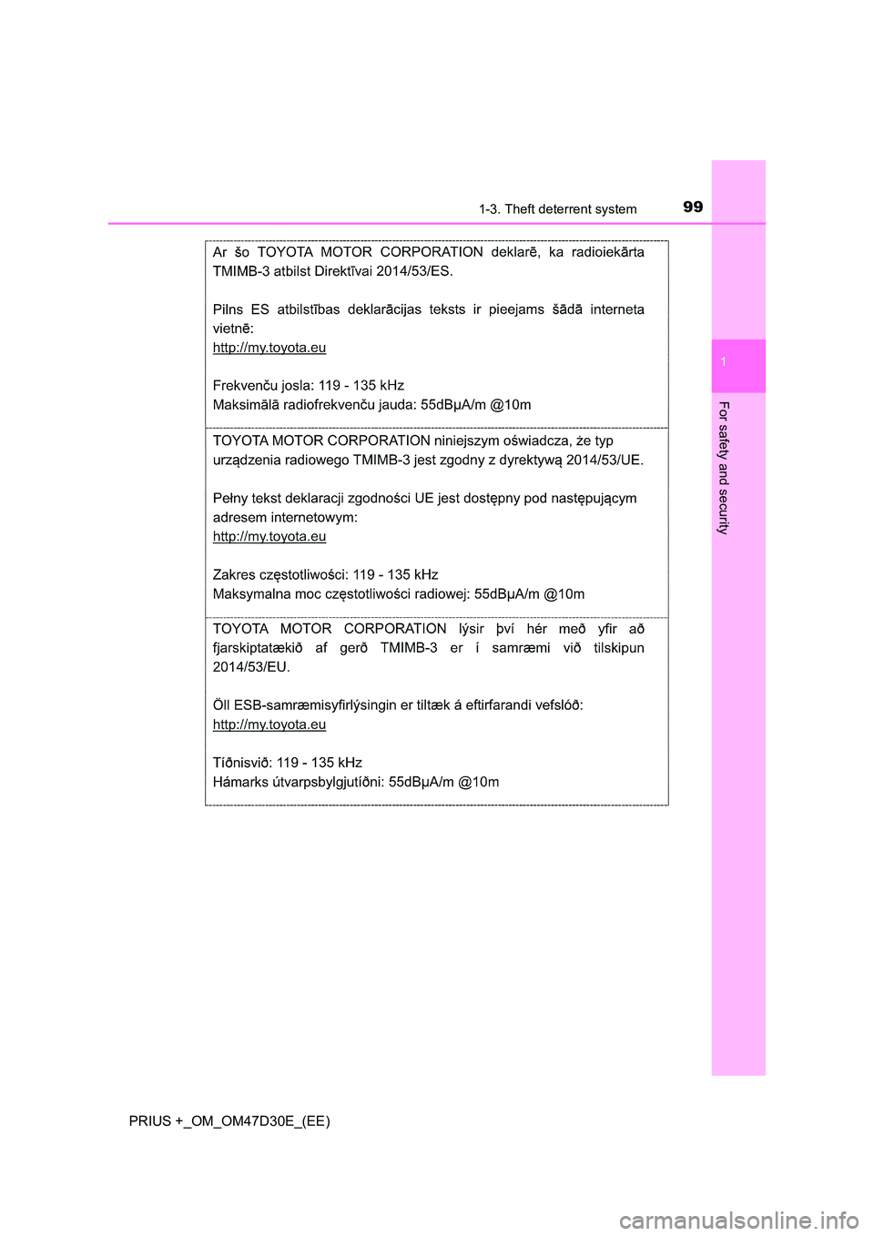 TOYOTA PRIUS PLUS 2019 Owners Manual 991-3. Theft deterrent system
1
PRIUS +_OM_OM47D30E_(EE)
For safety and security TOYOTA PRIUS PLUS 2019 Owners Manual 991-3. Theft deterrent system
1
PRIUS +_OM_OM47D30E_(EE)
For safety and security