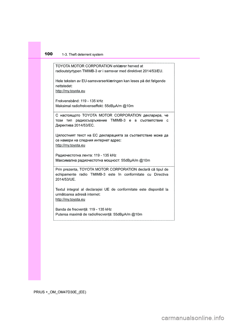 TOYOTA PRIUS PLUS 2019 Owners Manual 1001-3. Theft deterrent system
PRIUS +_OM_OM47D30E_(EE) TOYOTA PRIUS PLUS 2019 Owners Manual 1001-3. Theft deterrent system
PRIUS +_OM_OM47D30E_(EE)