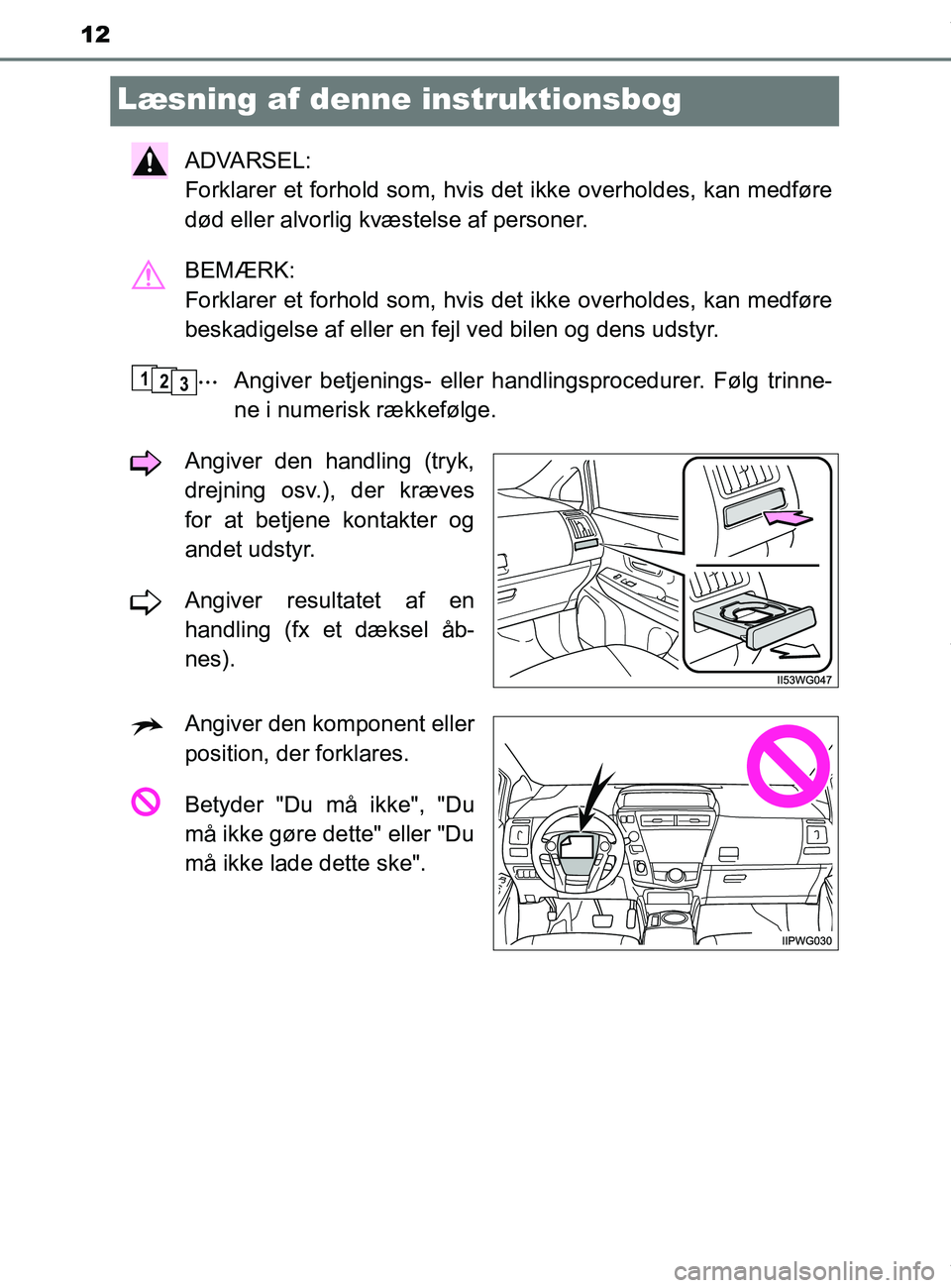 TOYOTA PRIUS PLUS 2019 Brugsanvisning (in Danish) 12
PRIUS +_OM_OM47D30DK_(EE)
Læsning af denne instruktionsbog
ADVARSEL:
Forklarer et forhold som, hvis det ikke overholdes, kan medføre
død eller alvorlig kvæstelse af personer.
BEMÆRK:
Forklar TOYOTA PRIUS PLUS 2019 Brugsanvisning (in Danish) 12
PRIUS +_OM_OM47D30DK_(EE)
Læsning af denne instruktionsbog
ADVARSEL:
Forklarer et forhold som, hvis det ikke overholdes, kan medføre
død eller alvorlig kvæstelse af personer.
BEMÆRK:
Forklar