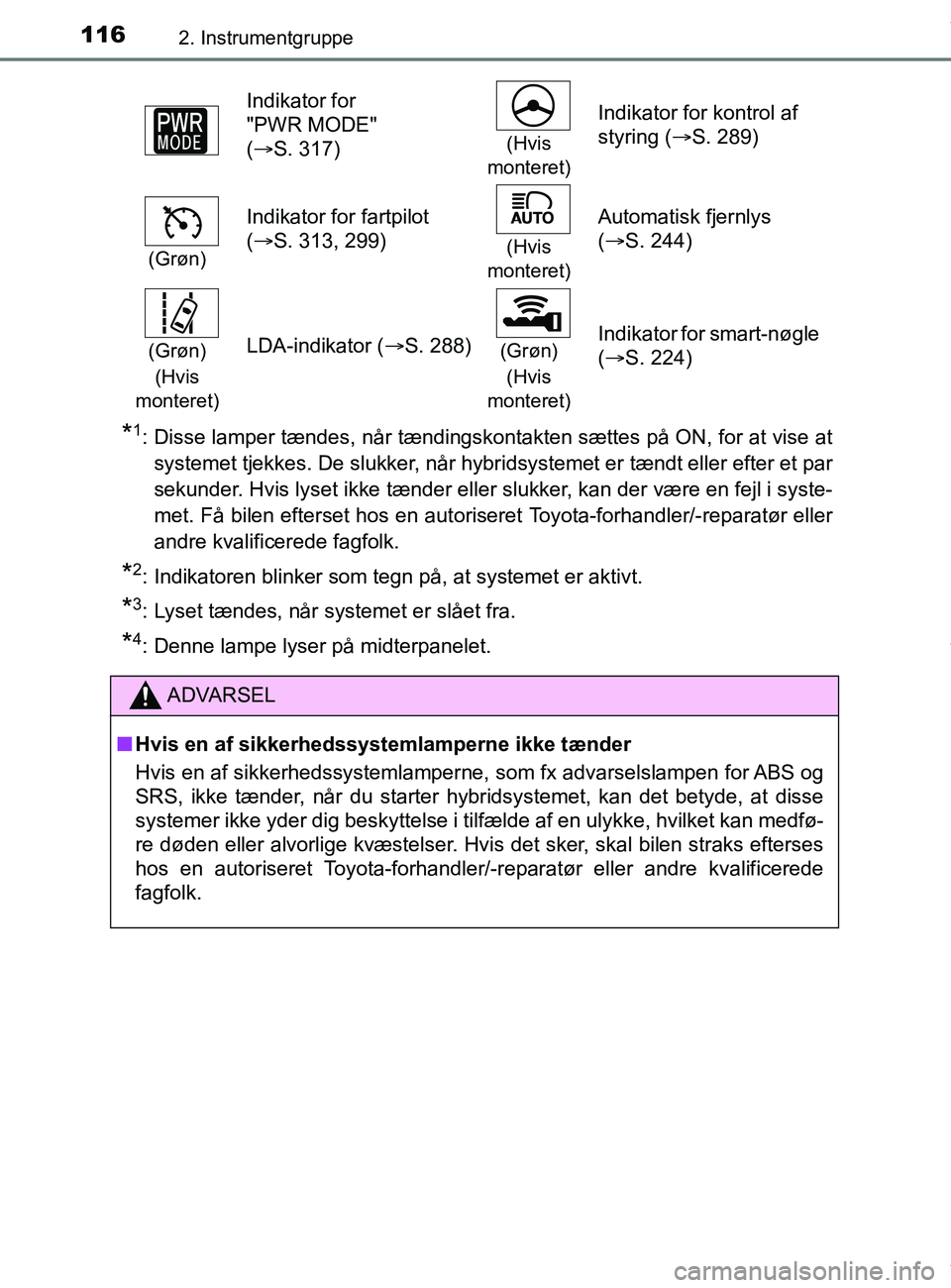 TOYOTA PRIUS PLUS 2019 Brugsanvisning (in Danish) 1162. Instrumentgruppe
PRIUS +_OM_OM47D30DK_(EE)
*1: Disse lamper tændes, når tændingskontakten sættes på ON, for at vise atsystemet tjekkes. De slukker, når hybridsystemet er tændt eller efter TOYOTA PRIUS PLUS 2019 Brugsanvisning (in Danish) 1162. Instrumentgruppe
PRIUS +_OM_OM47D30DK_(EE)
*1: Disse lamper tændes, når tændingskontakten sættes på ON, for at vise atsystemet tjekkes. De slukker, når hybridsystemet er tændt eller efter