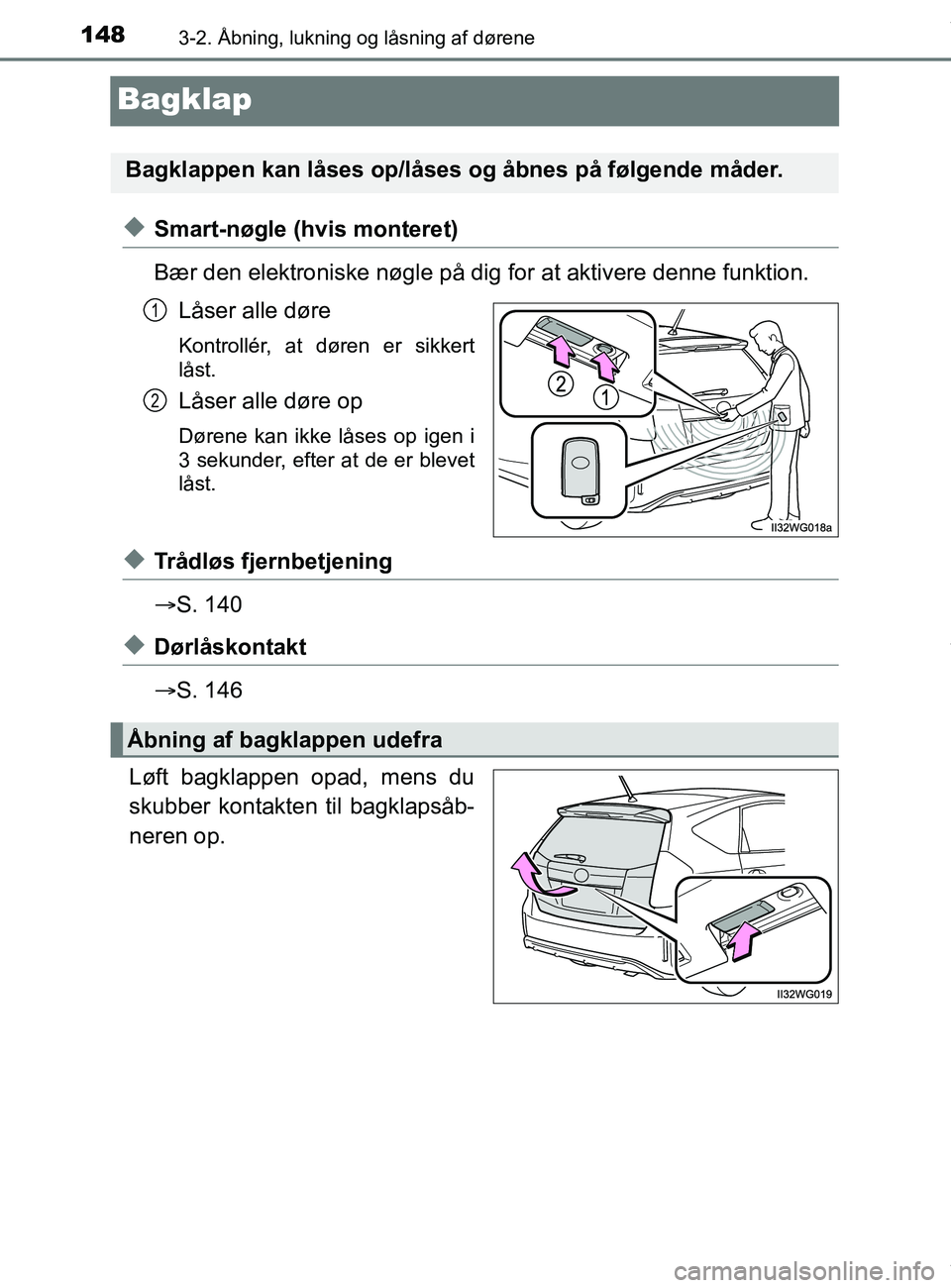 TOYOTA PRIUS PLUS 2019 Brugsanvisning (in Danish) 1483-2. Åbning, lukning og låsning af dørene
PRIUS +_OM_OM47D30DK_(EE)
Bagklap
uSmart-nøgle (hvis monteret)
Bær den elektroniske nøgle på dig for at aktivere denne funktion.
Låser alle døre
K TOYOTA PRIUS PLUS 2019 Brugsanvisning (in Danish) 1483-2. Åbning, lukning og låsning af dørene
PRIUS +_OM_OM47D30DK_(EE)
Bagklap
uSmart-nøgle (hvis monteret)
Bær den elektroniske nøgle på dig for at aktivere denne funktion.
Låser alle døre
K