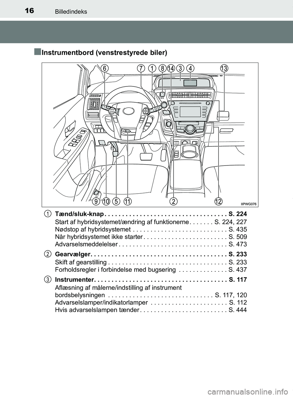 TOYOTA PRIUS PLUS 2019 Brugsanvisning (in Danish) 16Billedindeks
PRIUS +_OM_OM47D30DK_(EE)
nInstrumentbord (venstrestyrede biler)
Tænd/sluk-knap . . . . . . . . . . . . . . . . . . . . . . . . . . . . . . . . . . . S. 224
Start af hybridsystemet/æn TOYOTA PRIUS PLUS 2019 Brugsanvisning (in Danish) 16Billedindeks
PRIUS +_OM_OM47D30DK_(EE)
nInstrumentbord (venstrestyrede biler)
Tænd/sluk-knap . . . . . . . . . . . . . . . . . . . . . . . . . . . . . . . . . . . S. 224
Start af hybridsystemet/æn
