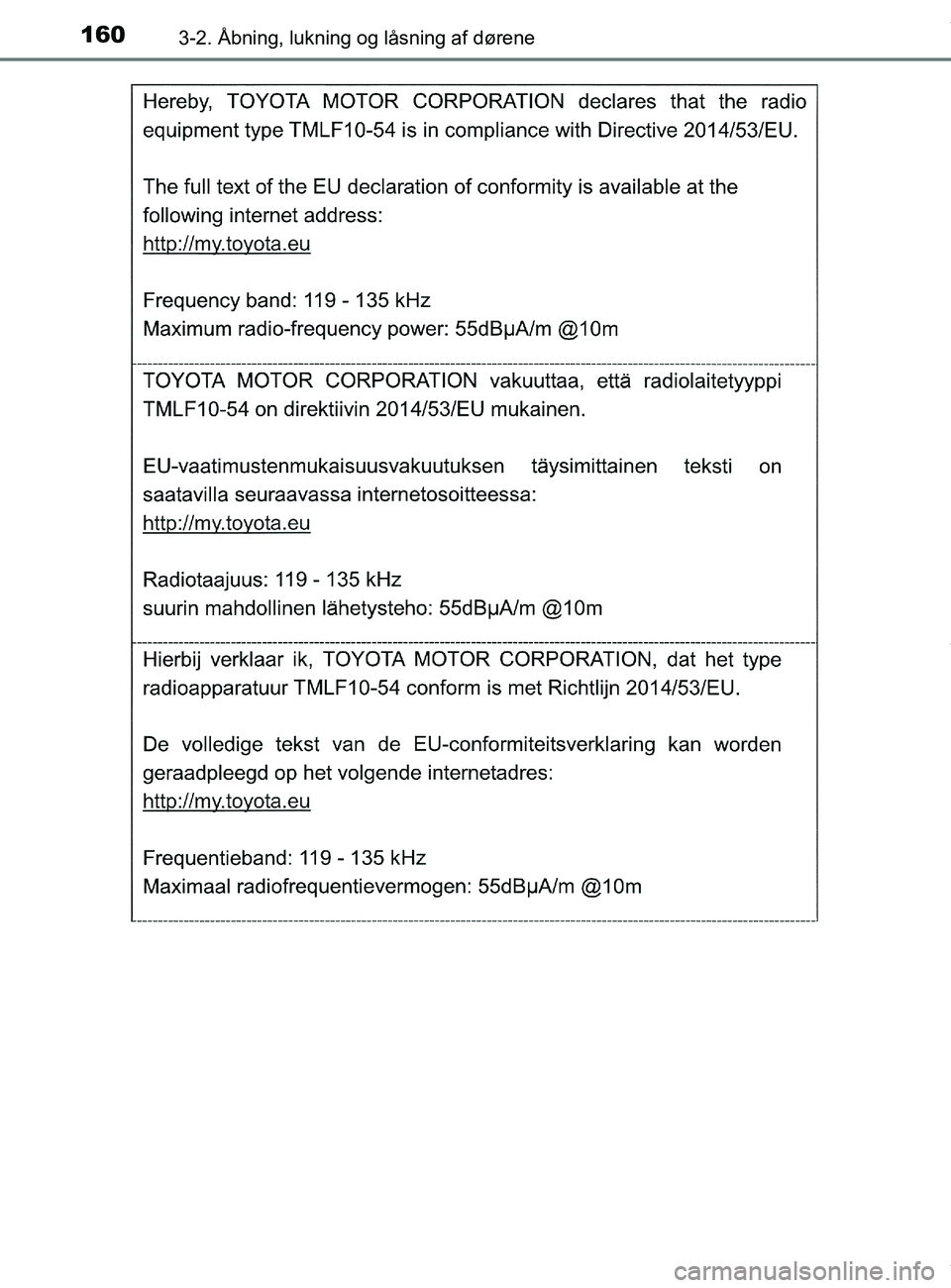 TOYOTA PRIUS PLUS 2019 Brugsanvisning (in Danish) 1603-2. Åbning, lukning og låsning af dørene
PRIUS +_OM_OM47D30DK_(EE)
OM47D30DK.book Page 160 Wednesday, June 12, 2019 2:19 PM TOYOTA PRIUS PLUS 2019 Brugsanvisning (in Danish) 1603-2. Åbning, lukning og låsning af dørene
PRIUS +_OM_OM47D30DK_(EE)
OM47D30DK.book Page 160 Wednesday, June 12, 2019 2:19 PM