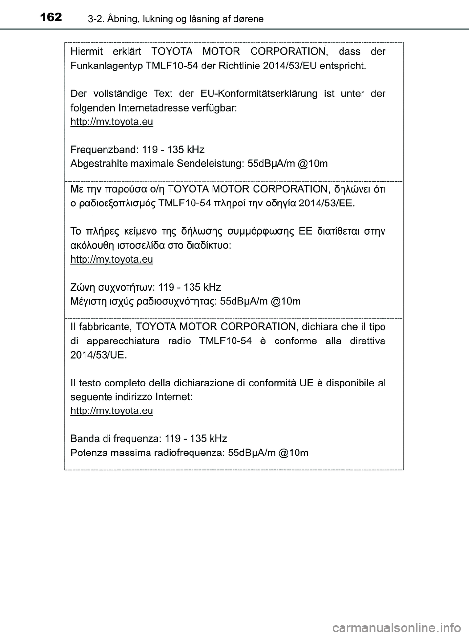 TOYOTA PRIUS PLUS 2019  Brugsanvisning (in Danish) 1623-2. Åbning, lukning og låsning af dørene
PRIUS +_OM_OM47D30DK_(EE)
OM47D30DK.book  Page 162  Wednesday, June 12, 2019  2:19 PM 
