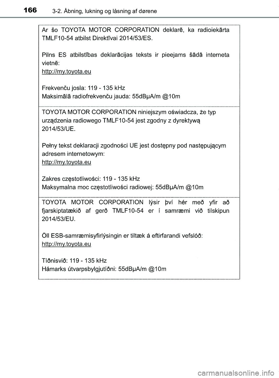 TOYOTA PRIUS PLUS 2019  Brugsanvisning (in Danish) 1663-2. Åbning, lukning og låsning af dørene
PRIUS +_OM_OM47D30DK_(EE)
OM47D30DK.book  Page 166  Wednesday, June 12, 2019  2:19 PM 