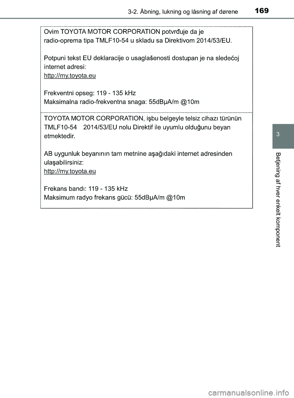 TOYOTA PRIUS PLUS 2019  Brugsanvisning (in Danish) 1693-2. Åbning, lukning og låsning af dørene
3
Betjening af hver enkelt komponent
PRIUS +_OM_OM47D30DK_(EE)
OM47D30DK.book  Page 169  Wednesday, June 12, 2019  2:19 PM 