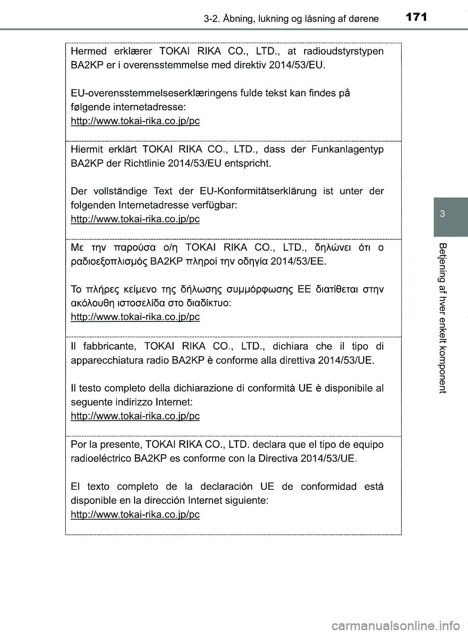 TOYOTA PRIUS PLUS 2019  Brugsanvisning (in Danish) 1713-2. Åbning, lukning og låsning af dørene
3
Betjening af hver enkelt komponent
PRIUS +_OM_OM47D30DK_(EE)
OM47D30DK.book  Page 171  Wednesday, June 12, 2019  2:19 PM 