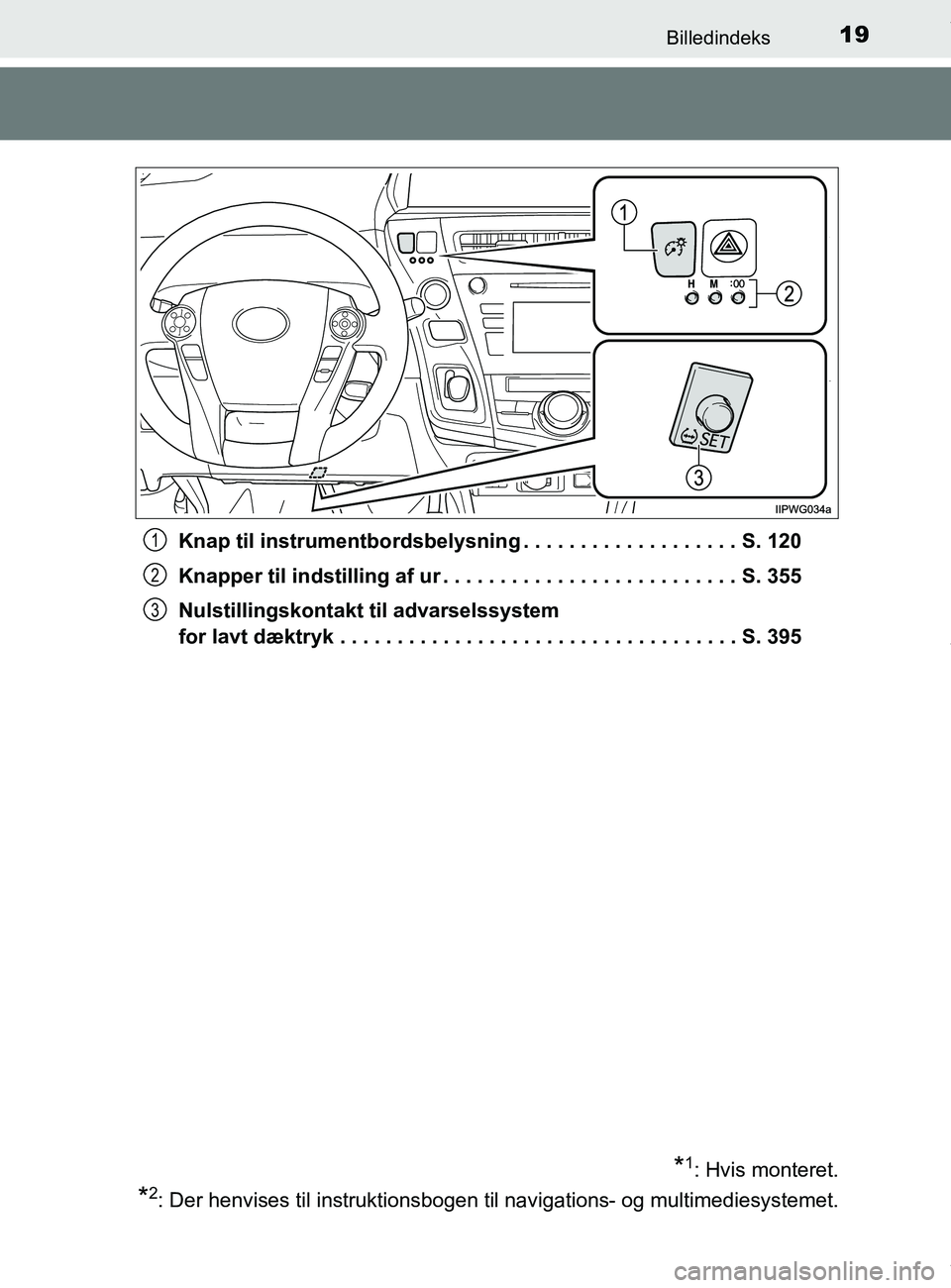 TOYOTA PRIUS PLUS 2019 Brugsanvisning (in Danish) 19Billedindeks
PRIUS +_OM_OM47D30DK_(EE)Knap til instrumentbordsb
elysning . . . . . . . . . . . . . . . . . . . S. 120
Knapper til indstilling af ur . . . . . . . . . . . . . . . . . . . . . . . . . TOYOTA PRIUS PLUS 2019 Brugsanvisning (in Danish) 19Billedindeks
PRIUS +_OM_OM47D30DK_(EE)Knap til instrumentbordsb
elysning . . . . . . . . . . . . . . . . . . . S. 120
Knapper til indstilling af ur . . . . . . . . . . . . . . . . . . . . . . . . .