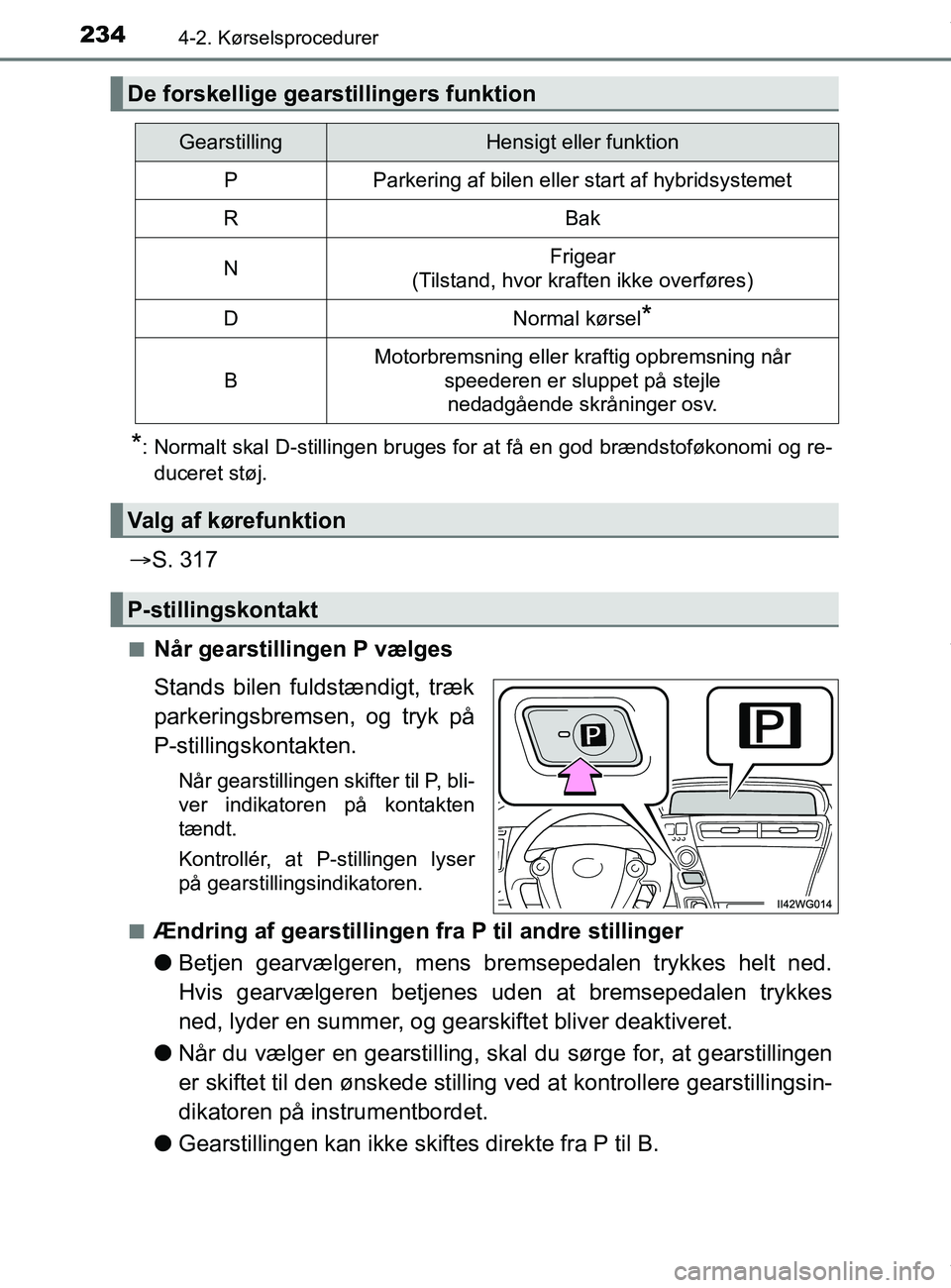 TOYOTA PRIUS PLUS 2019 Brugsanvisning (in Danish) 2344-2. Kørselsprocedurer
PRIUS +_OM_OM47D30DK_(EE)
*: Normalt skal D-stillingen bruges for at få en god brændstoføkonomi og re-duceret støj.
S. 317
nNår gearstillingen P vælges
Stands bile TOYOTA PRIUS PLUS 2019 Brugsanvisning (in Danish) 2344-2. Kørselsprocedurer
PRIUS +_OM_OM47D30DK_(EE)
*: Normalt skal D-stillingen bruges for at få en god brændstoføkonomi og re-duceret støj.
S. 317
nNår gearstillingen P vælges
Stands bile