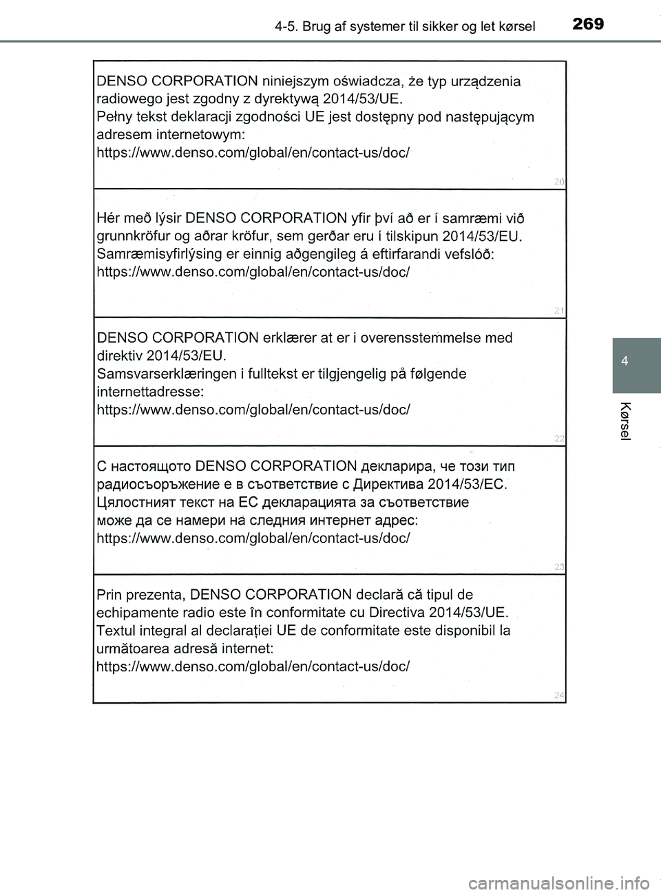 TOYOTA PRIUS PLUS 2019  Brugsanvisning (in Danish) 2694-5. Brug af systemer til sikker og let kørsel
4
Kørsel
PRIUS +_OM_OM47D30DK_(EE)
OM47D30DK.book  Page 269  Wednesday, June 12, 2019  2:19 PM 