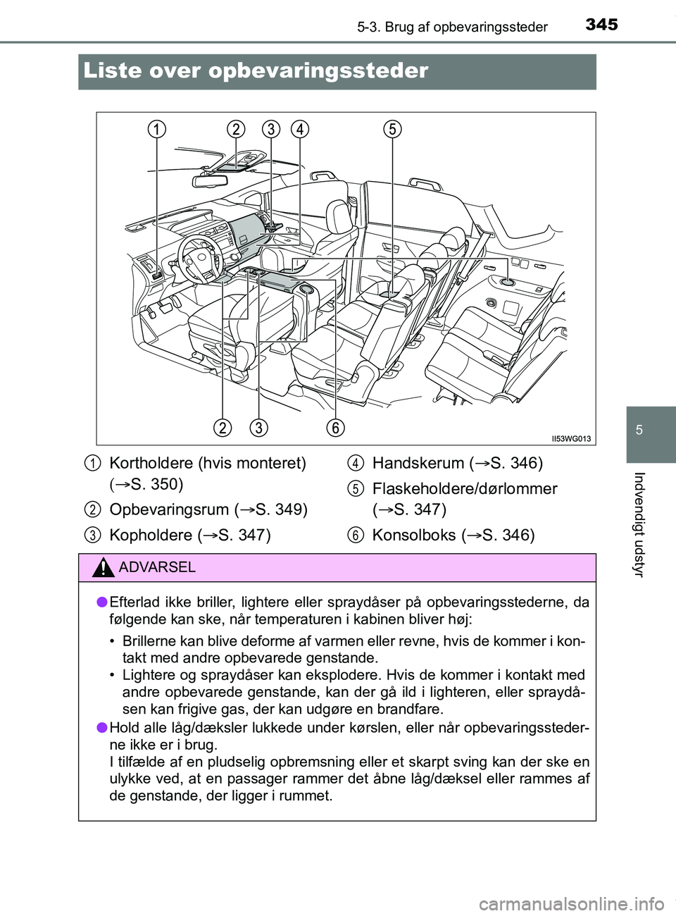 TOYOTA PRIUS PLUS 2019 Brugsanvisning (in Danish) 3455-3. Brug af opbevaringssteder
5
Indvendigt udstyr
PRIUS +_OM_OM47D30DK_(EE)
Liste over opbevaringssteder
Kortholdere (hvis monteret)
S. 350)
Opbevaringsrum ( S. 349)
Kopholdere ( S. 3 TOYOTA PRIUS PLUS 2019 Brugsanvisning (in Danish) 3455-3. Brug af opbevaringssteder
5
Indvendigt udstyr
PRIUS +_OM_OM47D30DK_(EE)
Liste over opbevaringssteder
Kortholdere (hvis monteret)
S. 350)
Opbevaringsrum ( S. 349)
Kopholdere ( S. 3