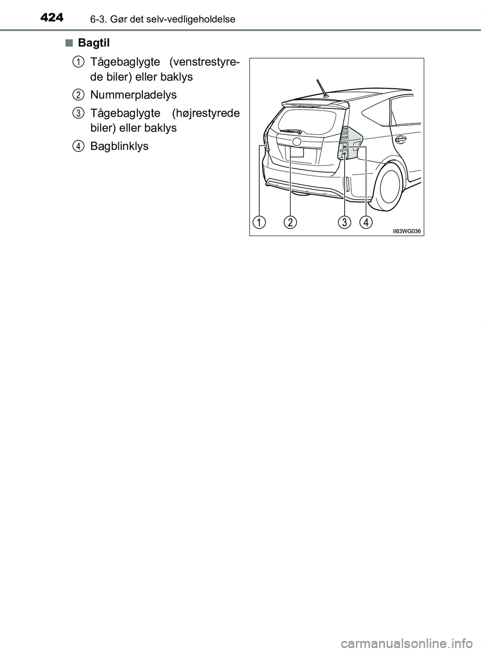 TOYOTA PRIUS PLUS 2019  Brugsanvisning (in Danish) 4246-3. Gør det selv-vedligeholdelse
PRIUS +_OM_OM47D30DK_(EE)n
Bagtil
Tågebaglygte (venstrestyre-
de biler) eller baklys
Nummerpladelys
Tågebaglygte (højrestyrede
biler) eller baklys
Bagblinklys
