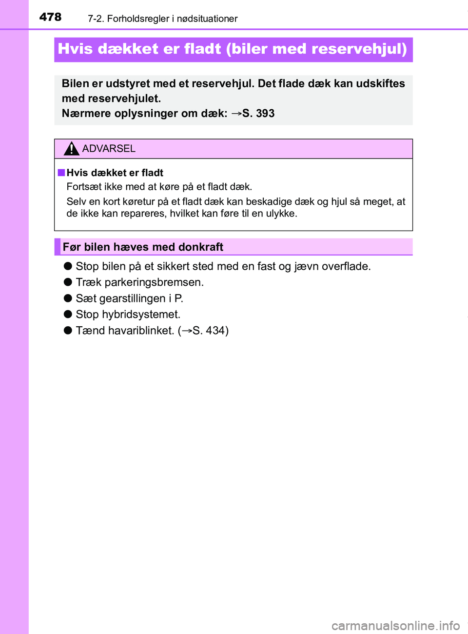 TOYOTA PRIUS PLUS 2019 Brugsanvisning (in Danish) 4787-2. Forholdsregler i nødsituationer
PRIUS +_OM_OM47D30DK_(EE)
Hvis dækket er fladt (biler med reservehjul)
lStop bilen på et sikkert sted me d en fast og jævn overflade.
l Træk parkeringsbrem TOYOTA PRIUS PLUS 2019 Brugsanvisning (in Danish) 4787-2. Forholdsregler i nødsituationer
PRIUS +_OM_OM47D30DK_(EE)
Hvis dækket er fladt (biler med reservehjul)
lStop bilen på et sikkert sted me d en fast og jævn overflade.
l Træk parkeringsbrem