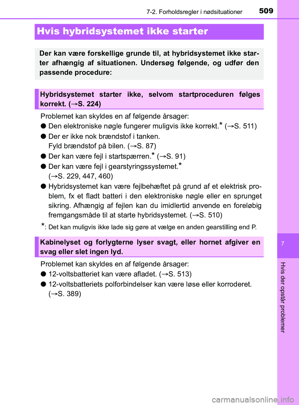 TOYOTA PRIUS PLUS 2019 Brugsanvisning (in Danish) 5097-2. Forholdsregler i nødsituationer
7
Hvis der opstår problemer
PRIUS +_OM_OM47D30DK_(EE)
Hvis hybridsystemet ikke starter
Problemet kan skyldes en af følgende årsager:
lDen elektroniske nøgl TOYOTA PRIUS PLUS 2019 Brugsanvisning (in Danish) 5097-2. Forholdsregler i nødsituationer
7
Hvis der opstår problemer
PRIUS +_OM_OM47D30DK_(EE)
Hvis hybridsystemet ikke starter
Problemet kan skyldes en af følgende årsager:
lDen elektroniske nøgl