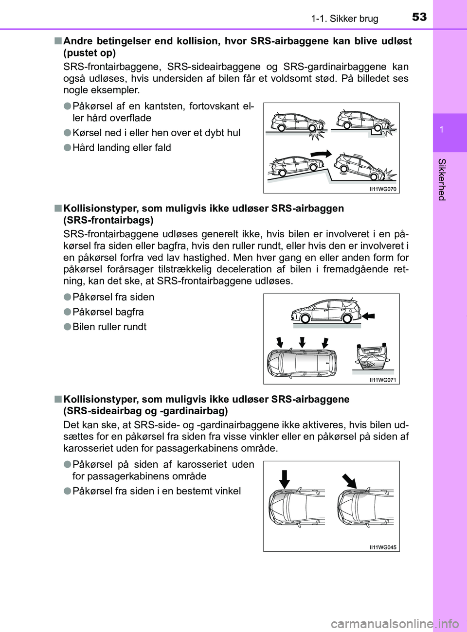 TOYOTA PRIUS PLUS 2019 Brugsanvisning (in Danish) 531-1. Sikker brug
1
Sikkerhed
PRIUS +_OM_OM47D30DK_(EE)n
Andre betingelser end kollision, hv or SRS-airbaggene kan blive udløst
(pustet op)
SRS-frontairbaggene, SRS-sideairbaggene og SRS-gardinairba TOYOTA PRIUS PLUS 2019 Brugsanvisning (in Danish) 531-1. Sikker brug
1
Sikkerhed
PRIUS +_OM_OM47D30DK_(EE)n
Andre betingelser end kollision, hv or SRS-airbaggene kan blive udløst
(pustet op)
SRS-frontairbaggene, SRS-sideairbaggene og SRS-gardinairba