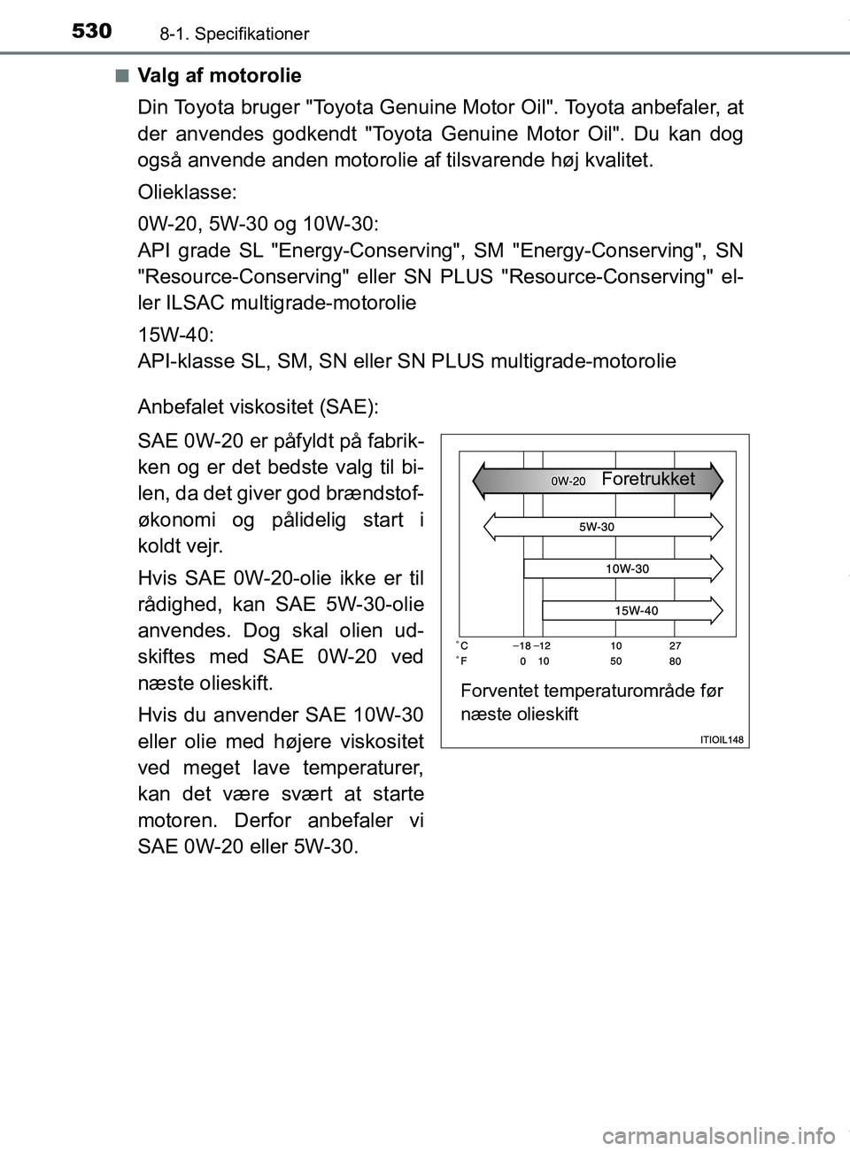 TOYOTA PRIUS PLUS 2019 Brugsanvisning (in Danish) 5308-1. Specifikationer
PRIUS +_OM_OM47D30DK_(EE)n
Valg af motorolie
Din Toyota bruger "Toyota Genuine Motor Oil". Toyota anbefaler, at
der anvendes godkendt "Toyota Genuine Motor Oil". Du kan dog
ogs TOYOTA PRIUS PLUS 2019 Brugsanvisning (in Danish) 5308-1. Specifikationer
PRIUS +_OM_OM47D30DK_(EE)n
Valg af motorolie
Din Toyota bruger "Toyota Genuine Motor Oil". Toyota anbefaler, at
der anvendes godkendt "Toyota Genuine Motor Oil". Du kan dog
ogs