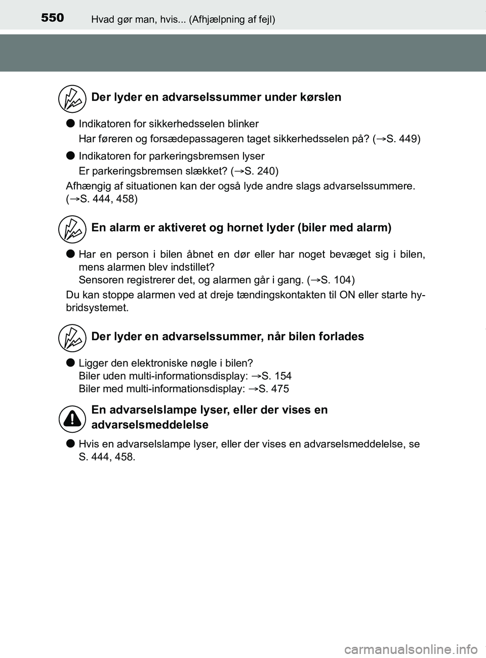 TOYOTA PRIUS PLUS 2019 Brugsanvisning (in Danish) 550Hvad gør man, hvis... (Afhjælpning af fejl)
PRIUS +_OM_OM47D30DK_(EE)
lIndikatoren for sikkerhedsselen blinker
Har føreren og forsædepassageren taget sikkerhedsselen på? (S. 449)
lIndikator TOYOTA PRIUS PLUS 2019 Brugsanvisning (in Danish) 550Hvad gør man, hvis... (Afhjælpning af fejl)
PRIUS +_OM_OM47D30DK_(EE)
lIndikatoren for sikkerhedsselen blinker
Har føreren og forsædepassageren taget sikkerhedsselen på? (S. 449)
lIndikator
