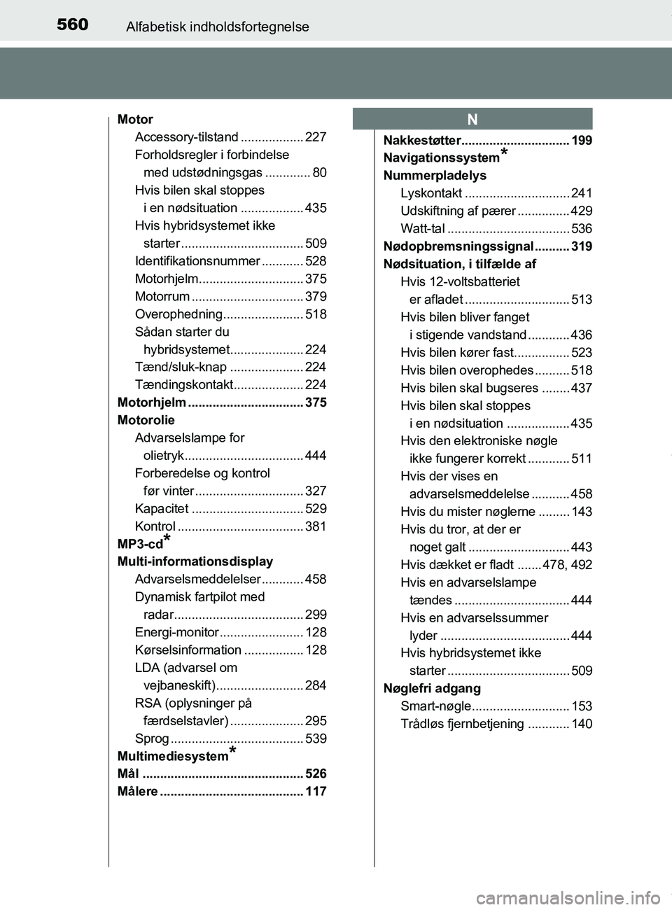 TOYOTA PRIUS PLUS 2019 Brugsanvisning (in Danish) 560Alfabetisk indholdsfortegnelse
PRIUS +_OM_OM47D30DK_(EE)
MotorAccessory-tilstand .................. 227
Forholdsregler i forbindelse
med udstødningsgas ............. 80
Hvis bilen skal stoppes
i TOYOTA PRIUS PLUS 2019 Brugsanvisning (in Danish) 560Alfabetisk indholdsfortegnelse
PRIUS +_OM_OM47D30DK_(EE)
MotorAccessory-tilstand .................. 227
Forholdsregler i forbindelse
med udstødningsgas ............. 80
Hvis bilen skal stoppes
i