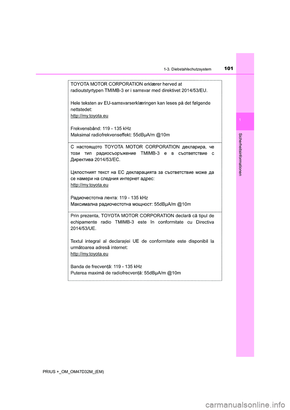 TOYOTA PRIUS PLUS 2019 Betriebsanleitungen (in German) 1011-3. Diebstahlschutzsystem
1
PRIUS +_OM_OM47D32M_(EM)
Sicherheitsinformationen TOYOTA PRIUS PLUS 2019 Betriebsanleitungen (in German) 1011-3. Diebstahlschutzsystem
1
PRIUS +_OM_OM47D32M_(EM)
Sicherheitsinformationen